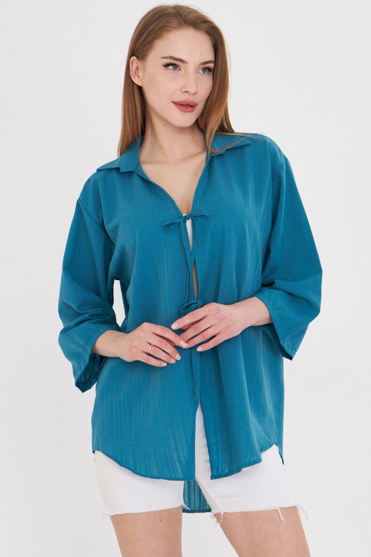 Kadın Turkuaz Gömlek Yakalı Önden Bağcıklı Kimono Gömlek ARM-25K001006