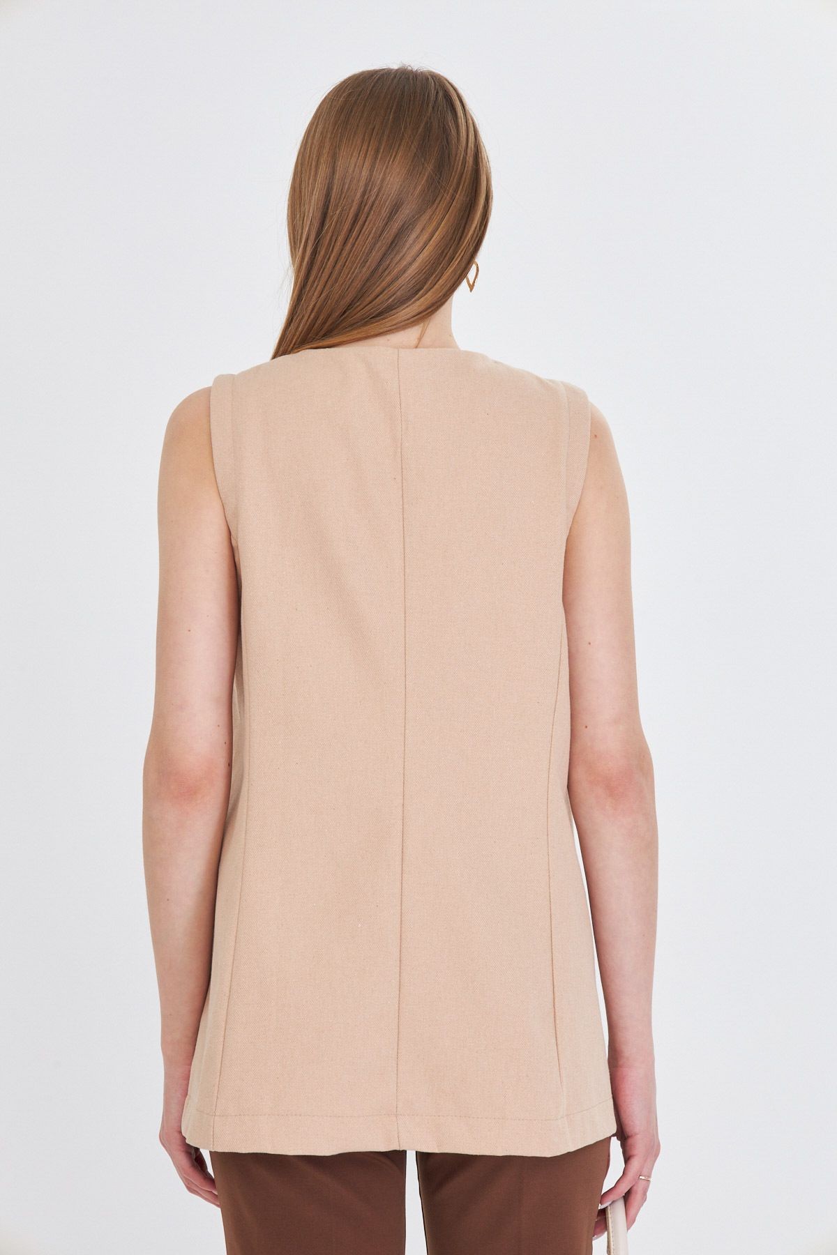 Kadın Bej V Yaka Tek Düğme Oversize Yelek ARM-25Y001036