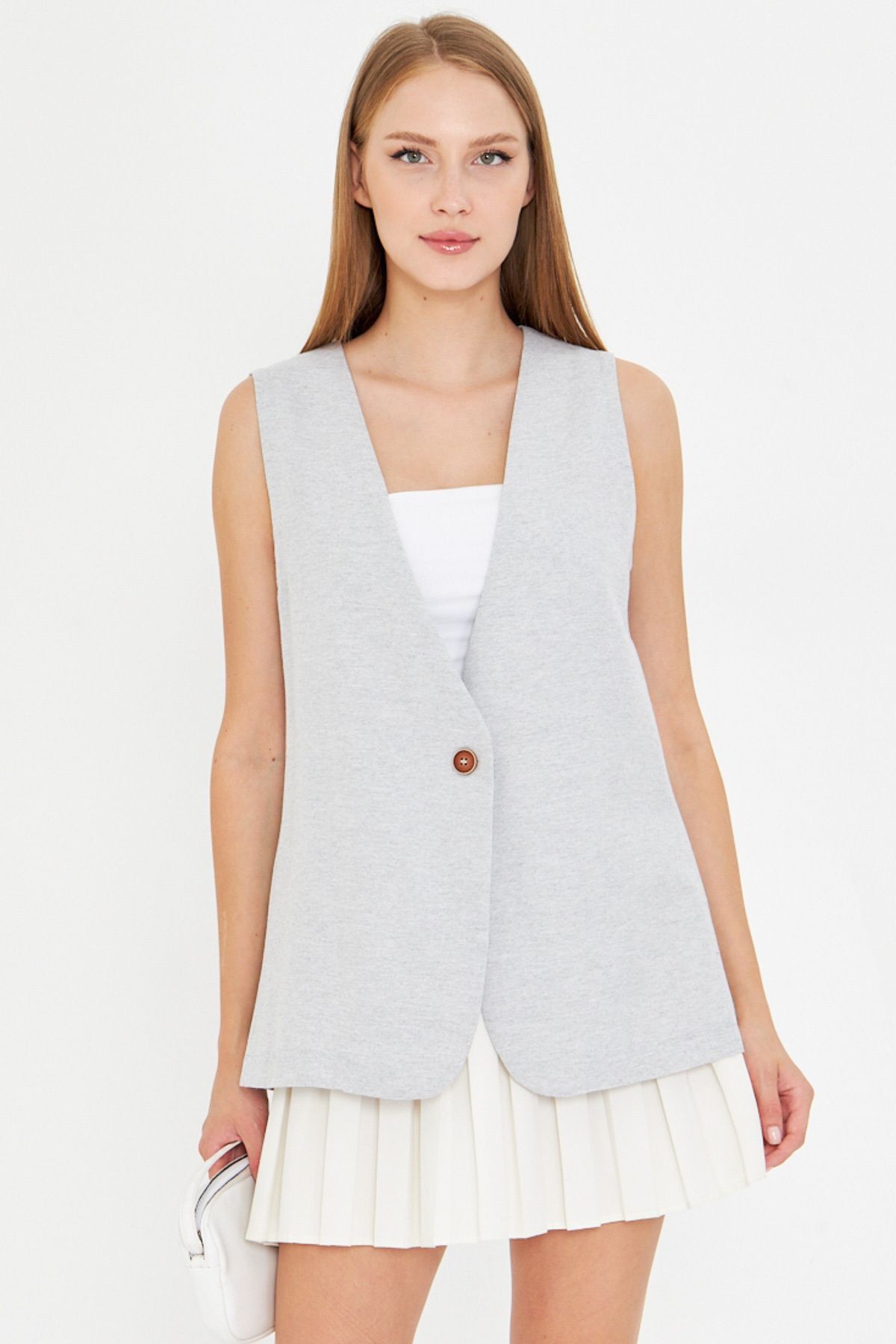 Kadın Gri V Yaka Tek Düğme Oversize Yelek ARM-25Y001036