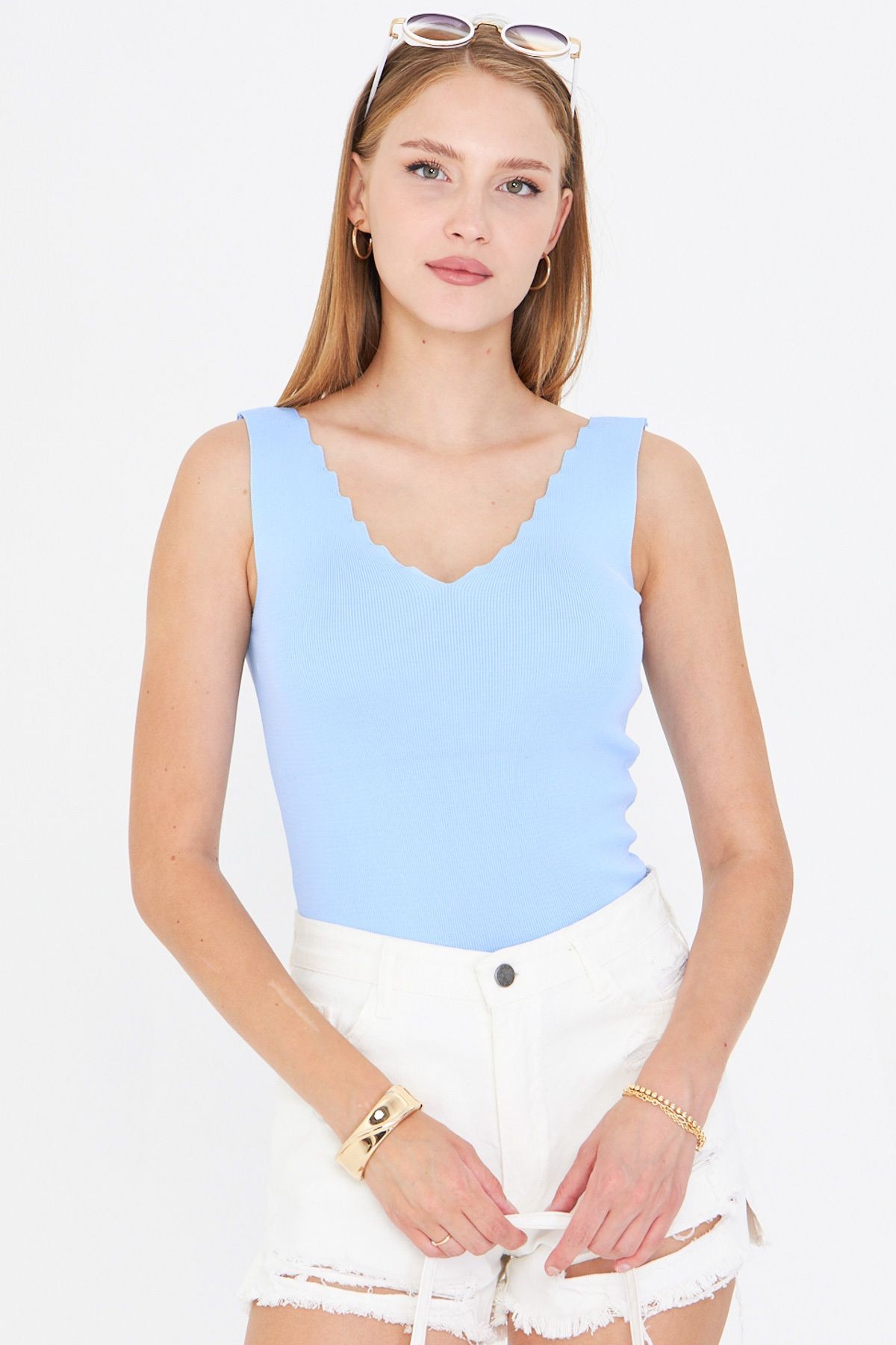 Kadın Bebe Mavi Zigzaglı V Yaka Kaşkorse Bluz ARM-23Y069004