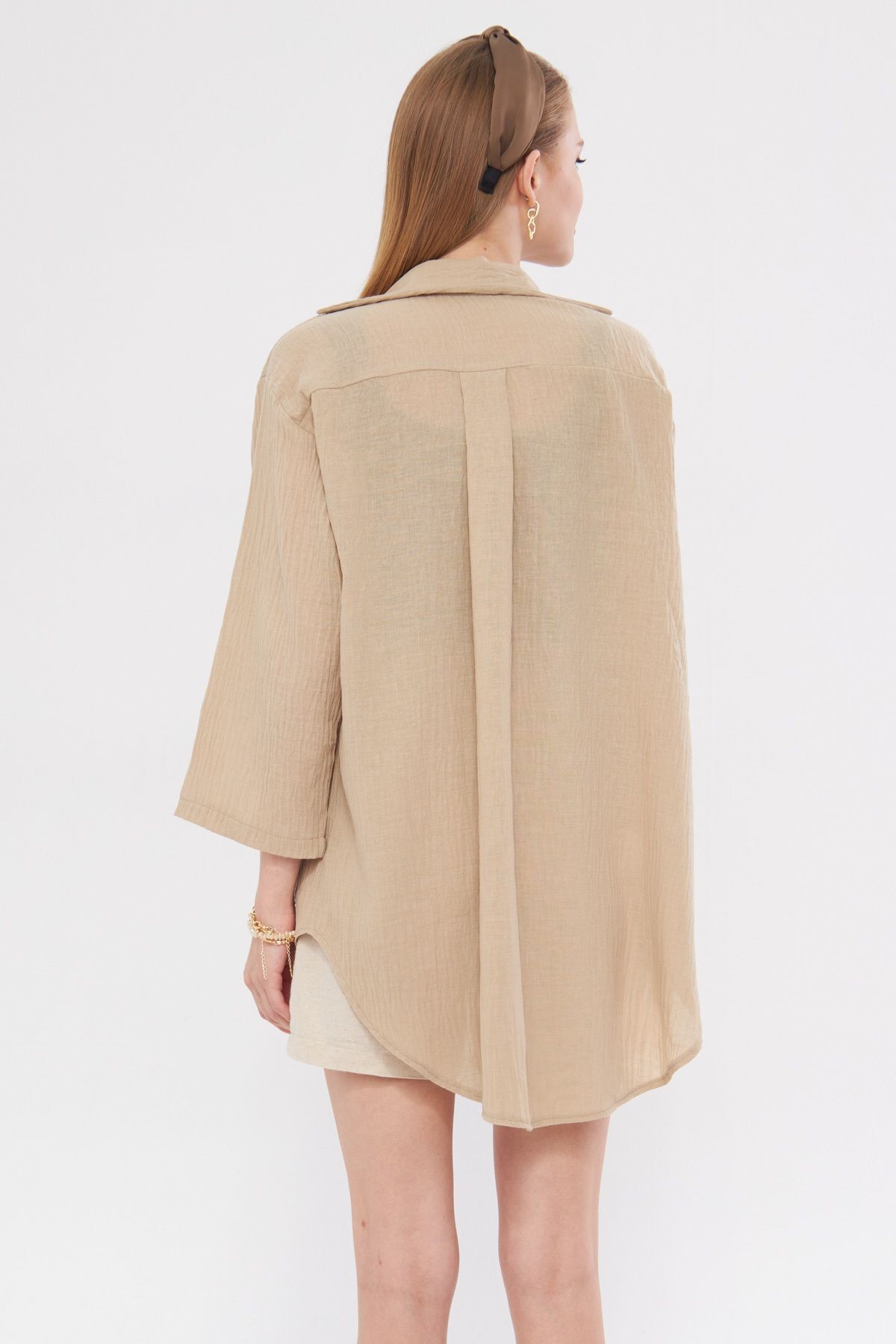 Kadın Bej Keten Görünümlü Önden Bağlamalı Kimono Gömlek ARM-24Y001063