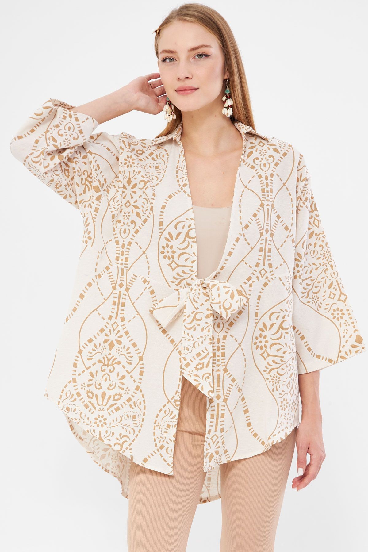 Kadın Vizon Desenli Keten Görünümlü Önden Bağlamalı Kimono Gömlek ARM-24Y001079