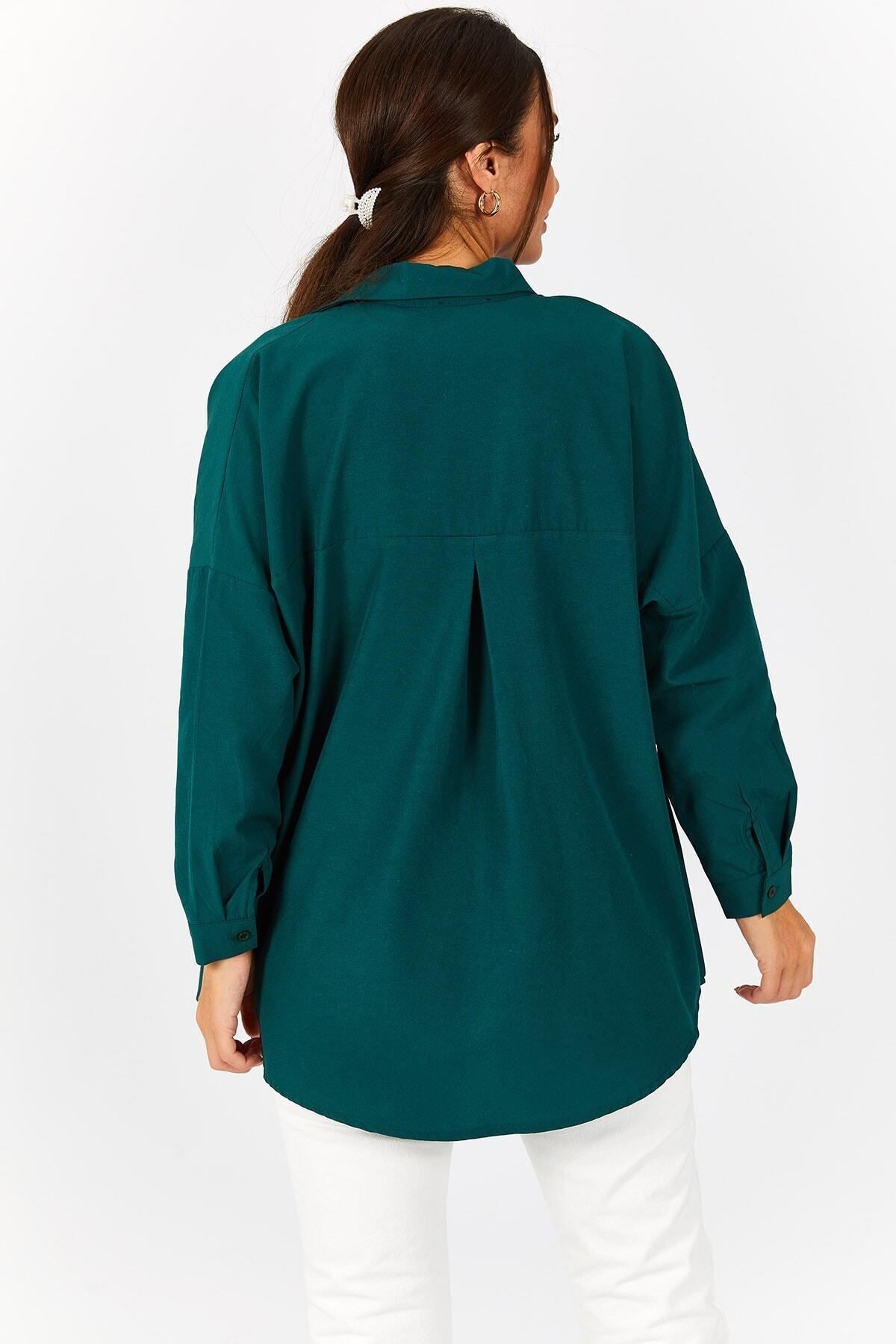 Kadın Koyu Yeşil Oversize Uzun Basic Gömlek ARM-22Y001118