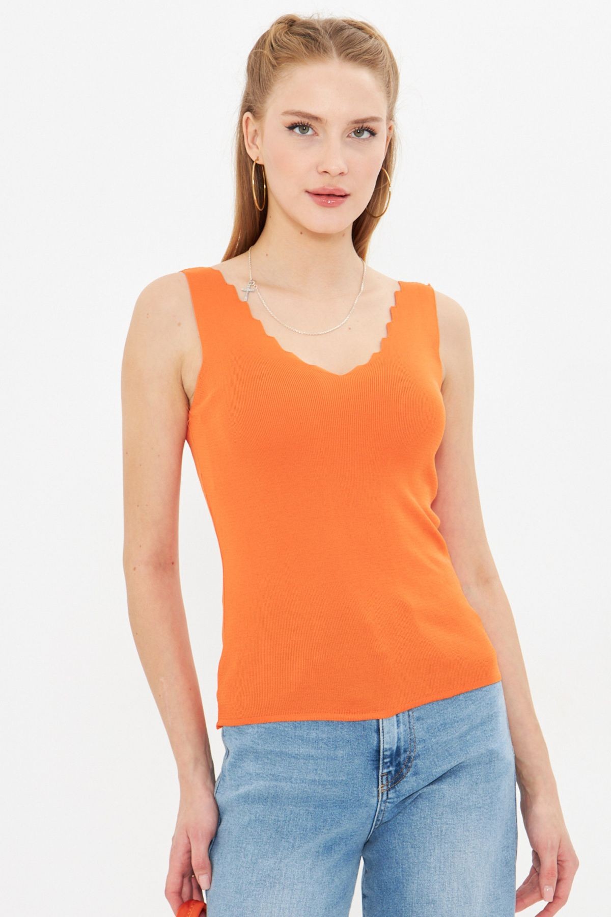 Kadın Oranj Zigzaglı V Yaka Kaşkorse Bluz ARM-23Y069004