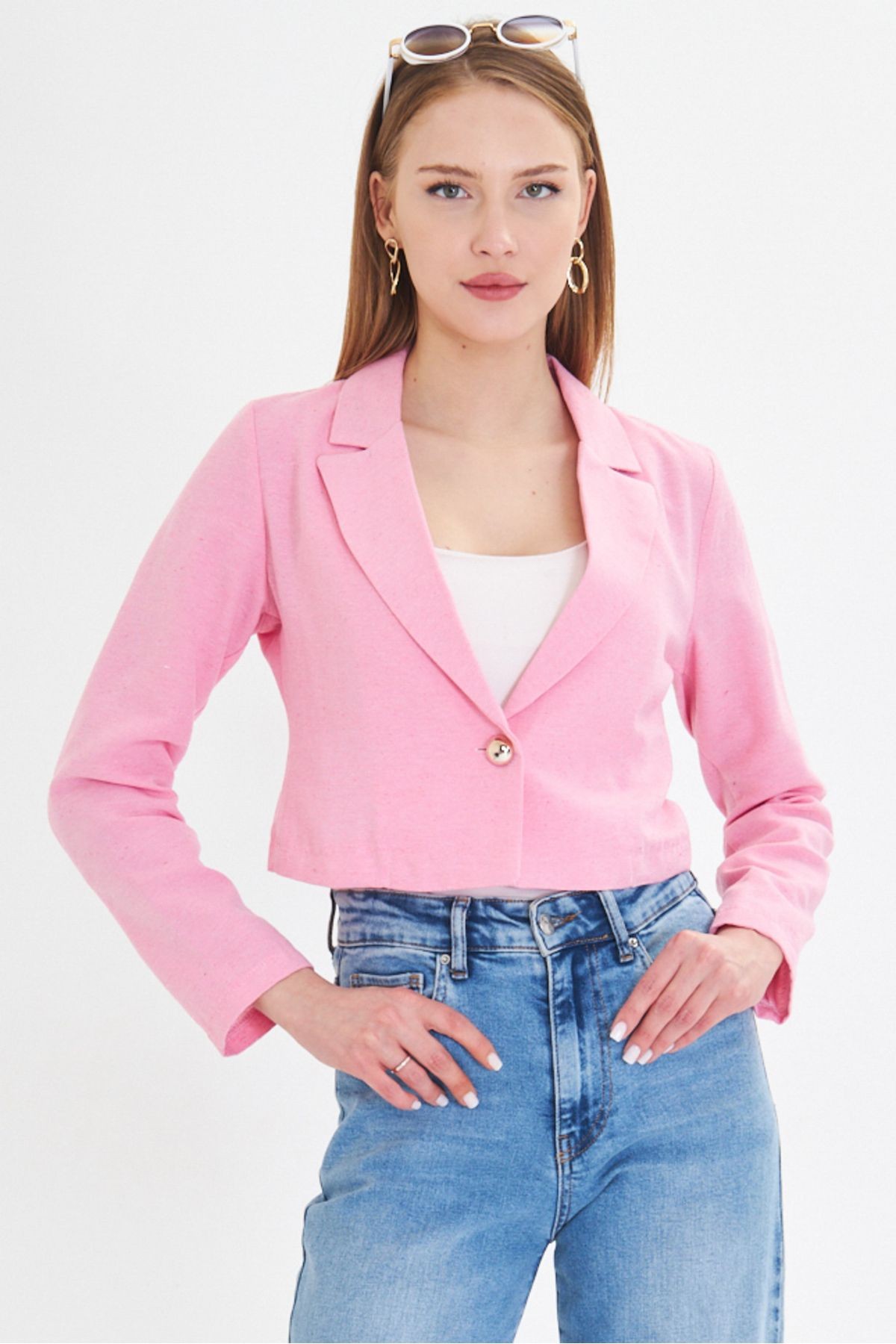 Kadın Pembe Tek Düğmeli Crop Ceket Arm-23y001064