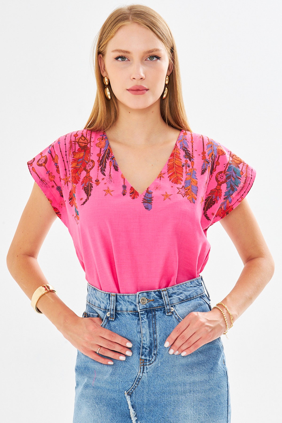 Kadın Fuşya V Yaka Baskılı Bluz ARM-25Y001086