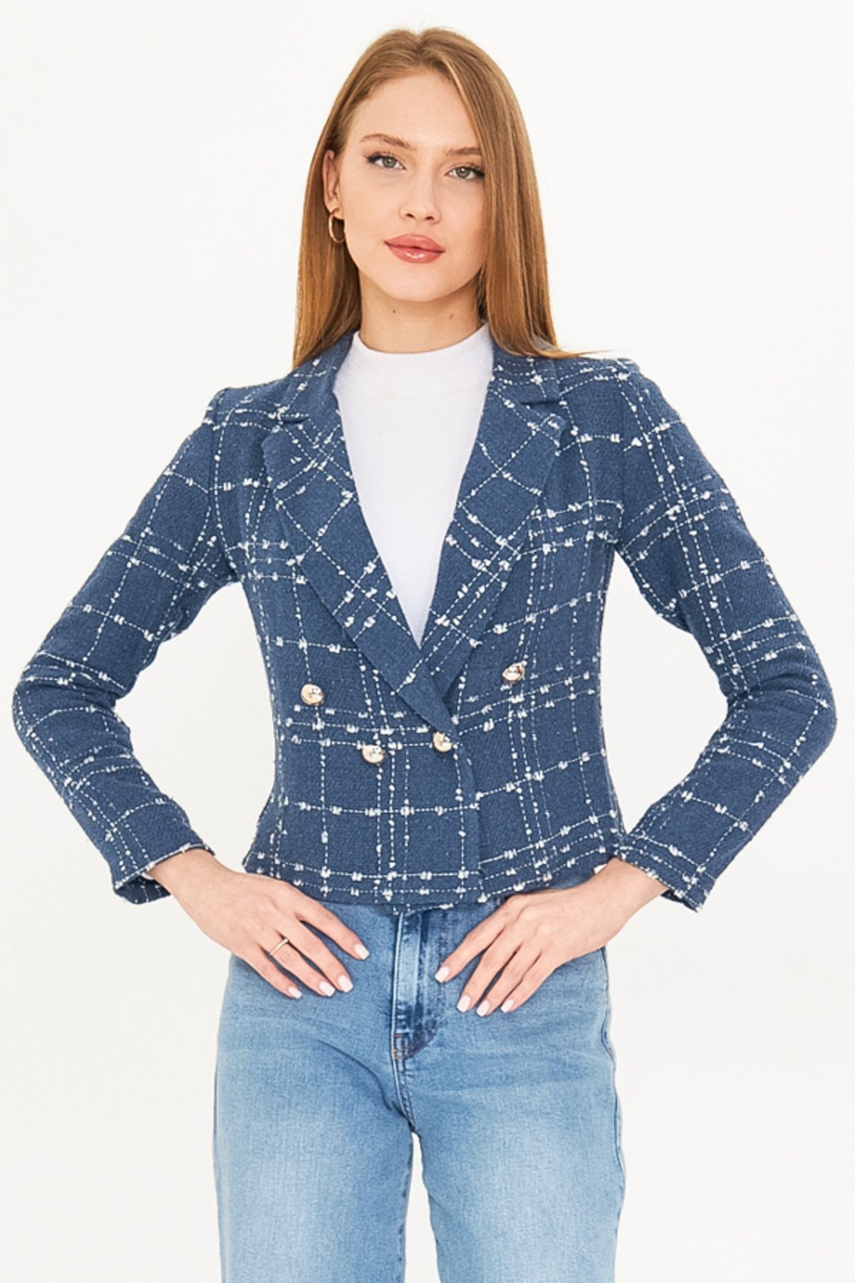 Kadın Koyu Mavi Kruvaze Yaka Tüvit Crop Ceket ARM-24K001014