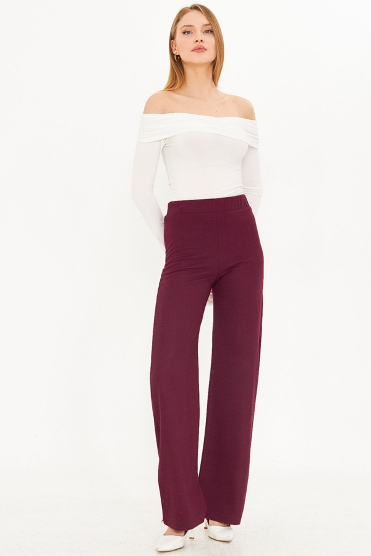 Kadın Mürdüm Beli Lastikli Astarlı Kaşe Pantolon ARM-25K001092