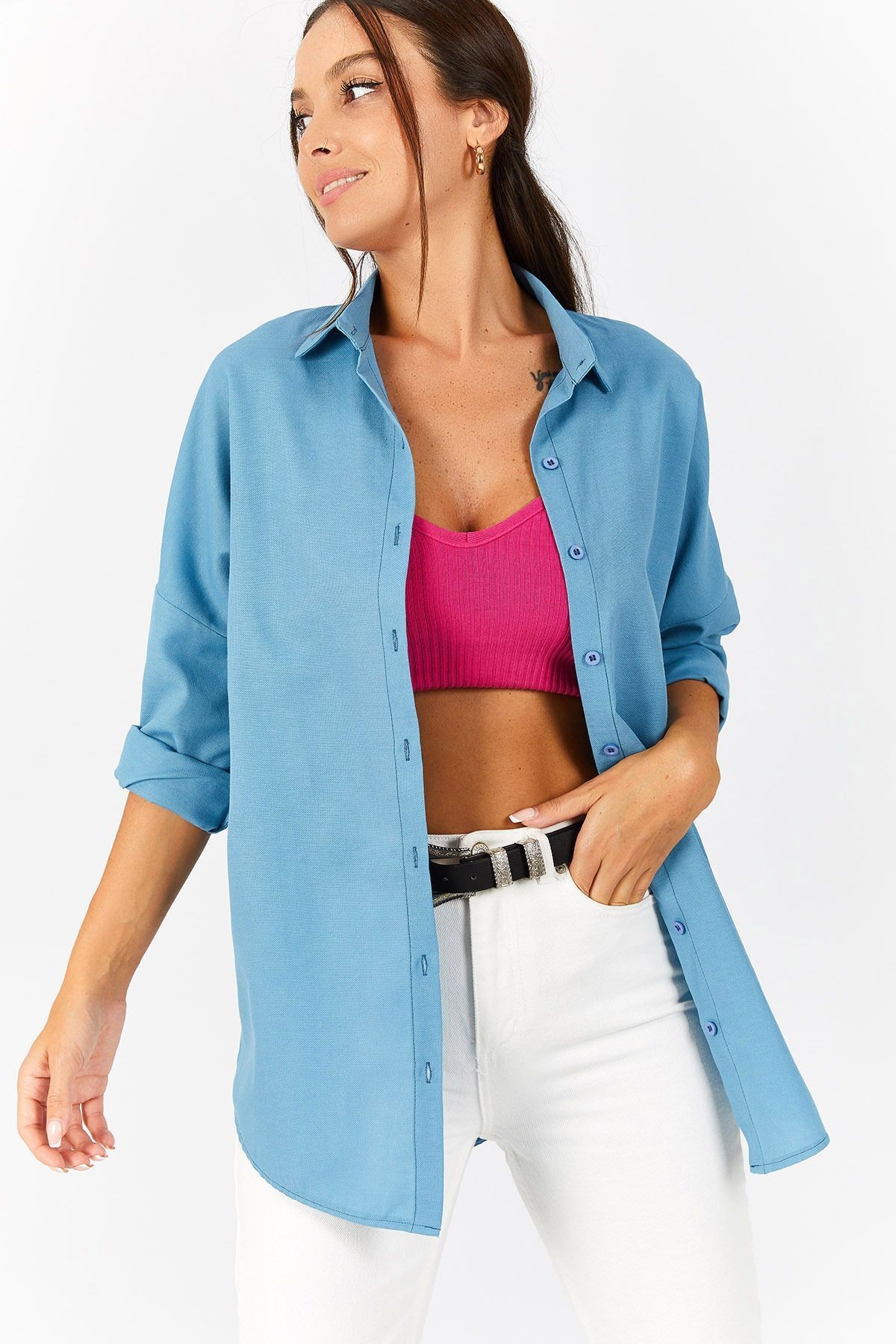 Kadın Buzmavi Oversize Uzun Basic Gömlek ARM-22Y001118
