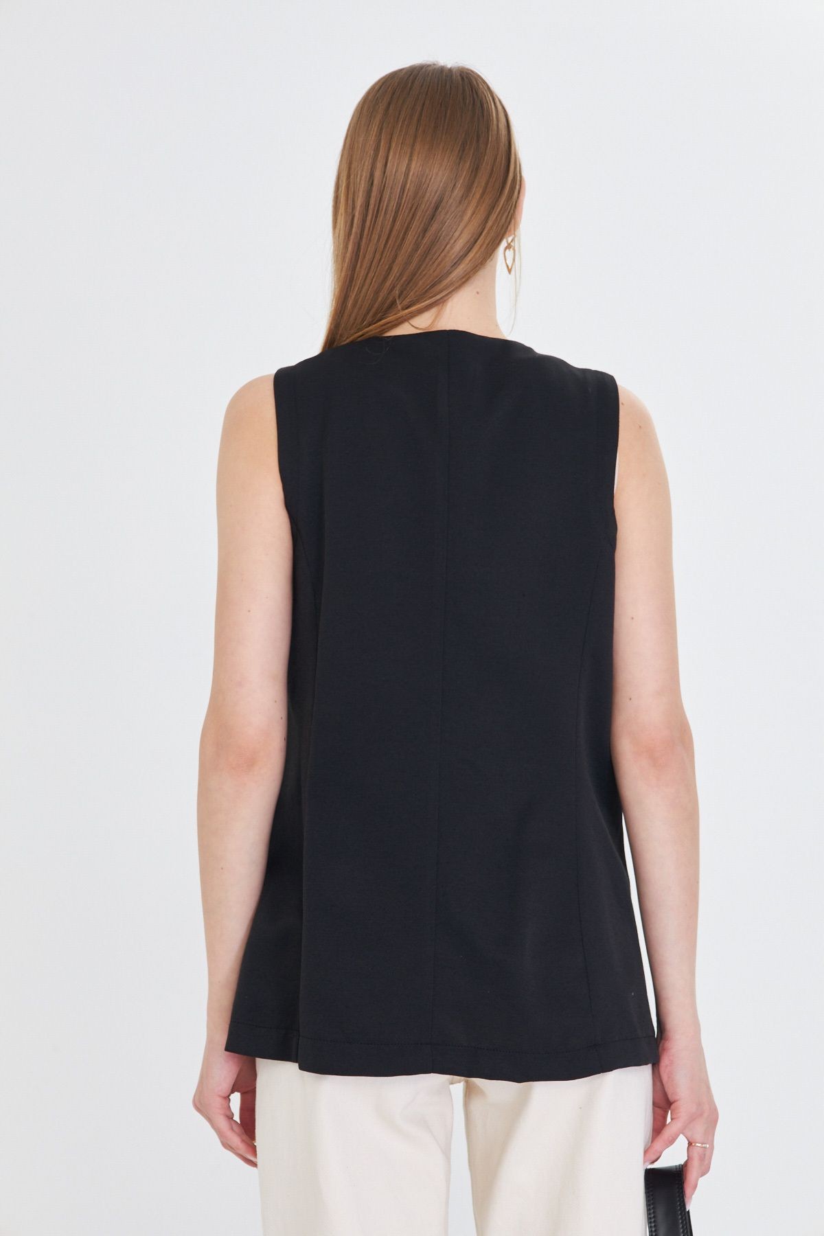 Kadın Siyah V Yaka Tek Düğme Oversize Yelek ARM-25Y001036