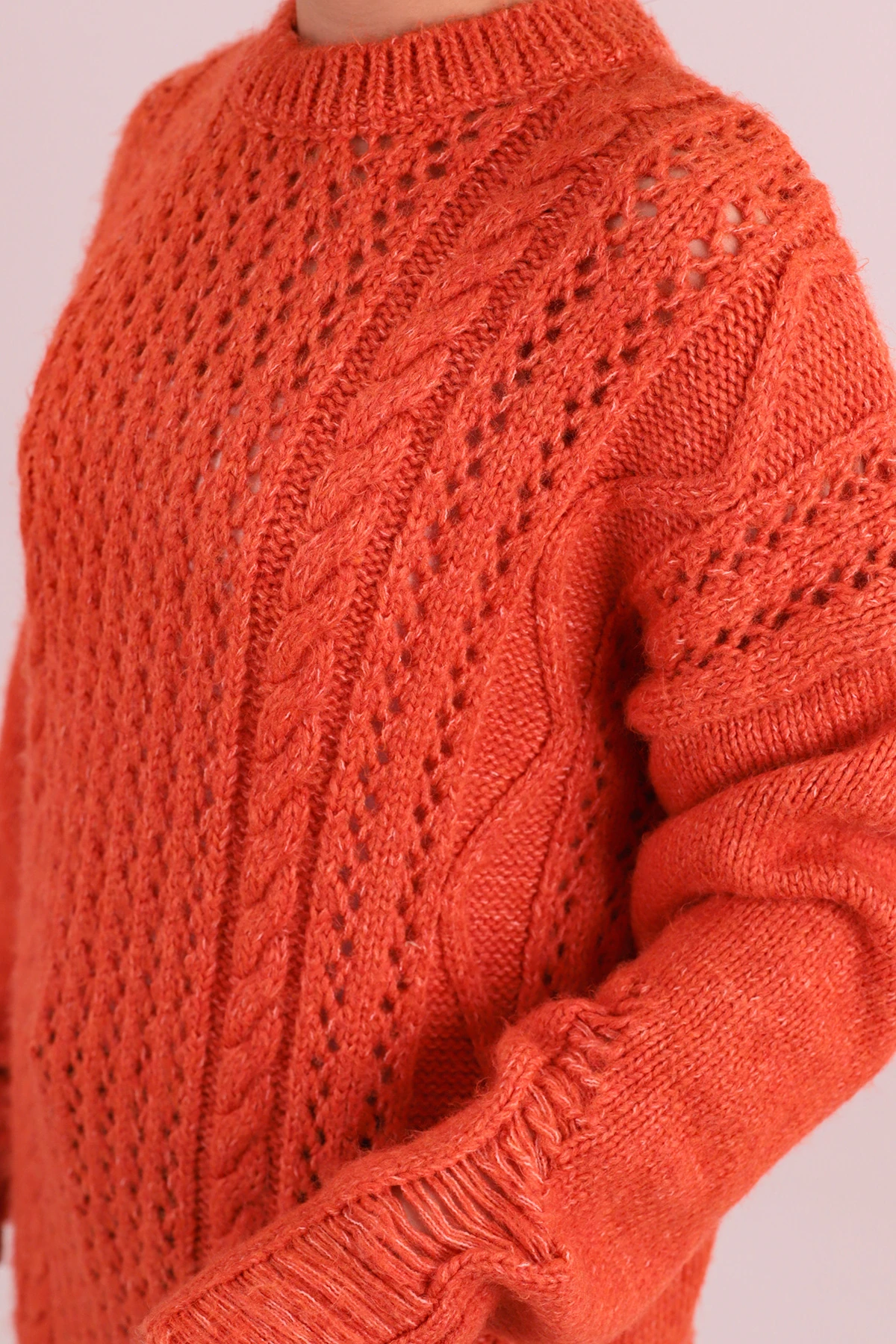 Kadın Oranj Saç Örgü Delikli Triko Kazak ARM-26K136083