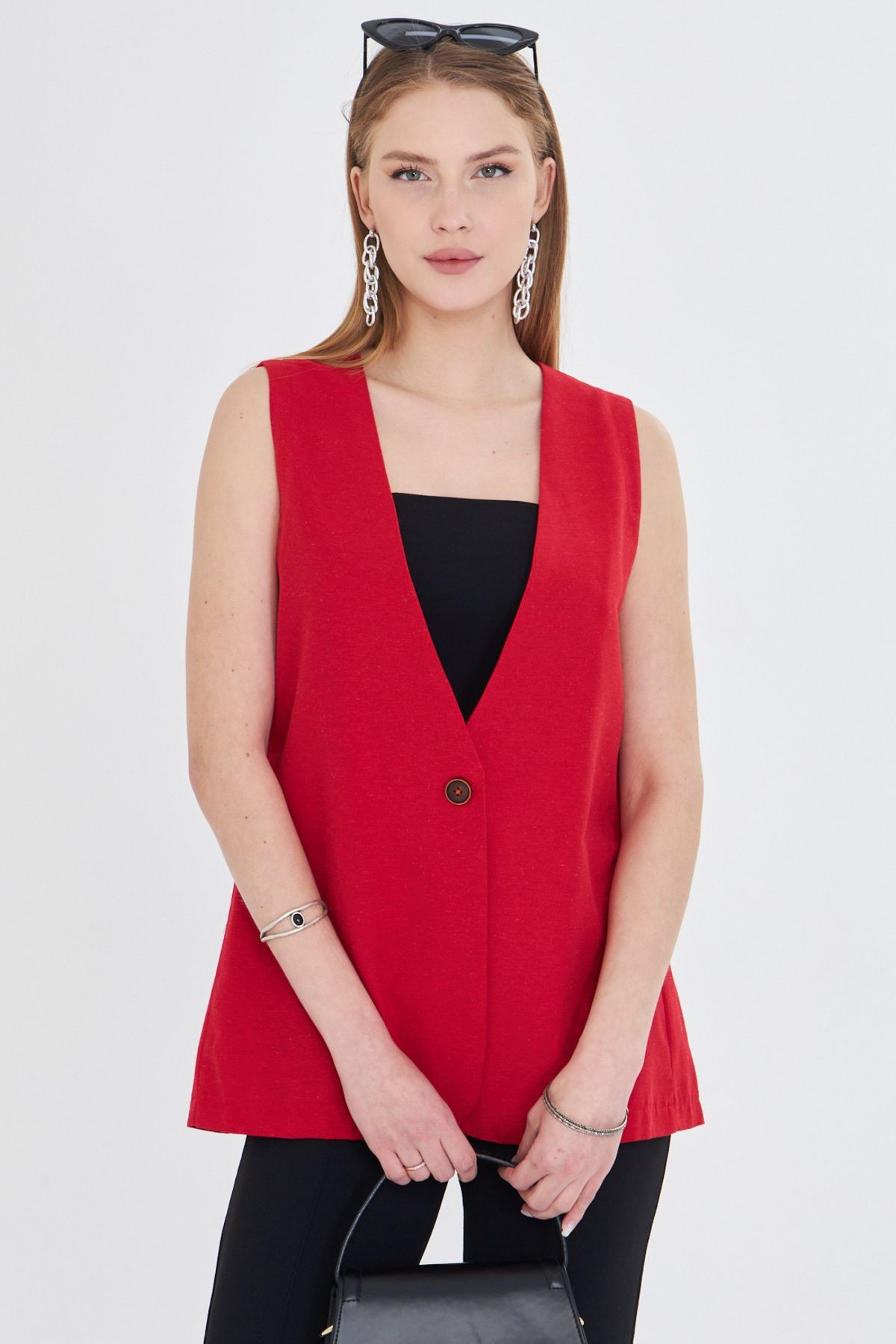 Kadın Kırmızı V Yaka Tek Düğme Oversize Yelek ARM-25Y001036