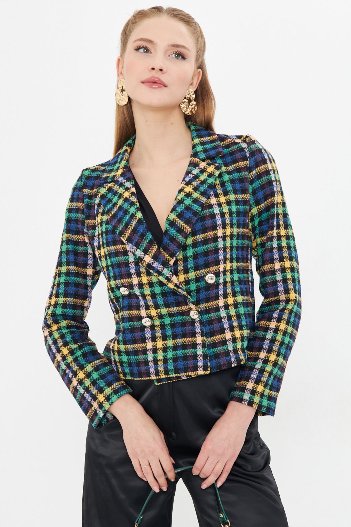 Kadın Hardal Kruvaze Yaka Tüvit Crop Ceket  ARM-24K001014