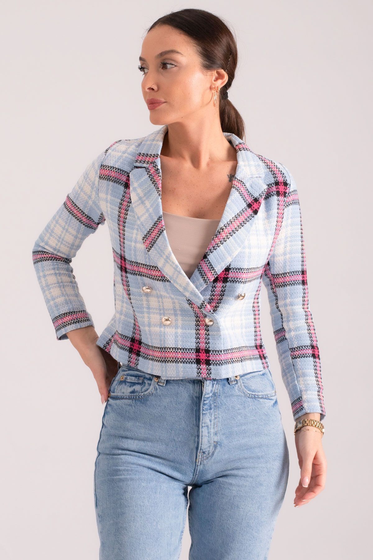 Kadın Mavi-Fuşya Kruvaze Yaka Tüvit Crop Ceket  ARM-24K001014