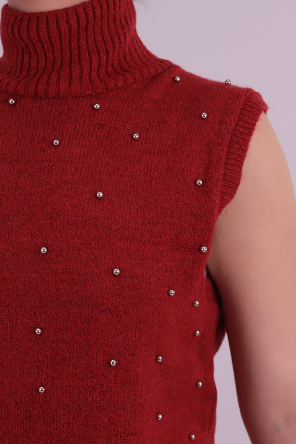 Kadın Bordo Önü Boncuklu Kolsuz Triko Elbise ARM-26K136034