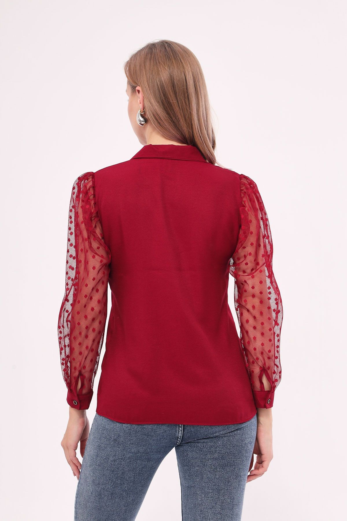 Kadın Bordo Kolları Tül Gömlek ARM-20K001068