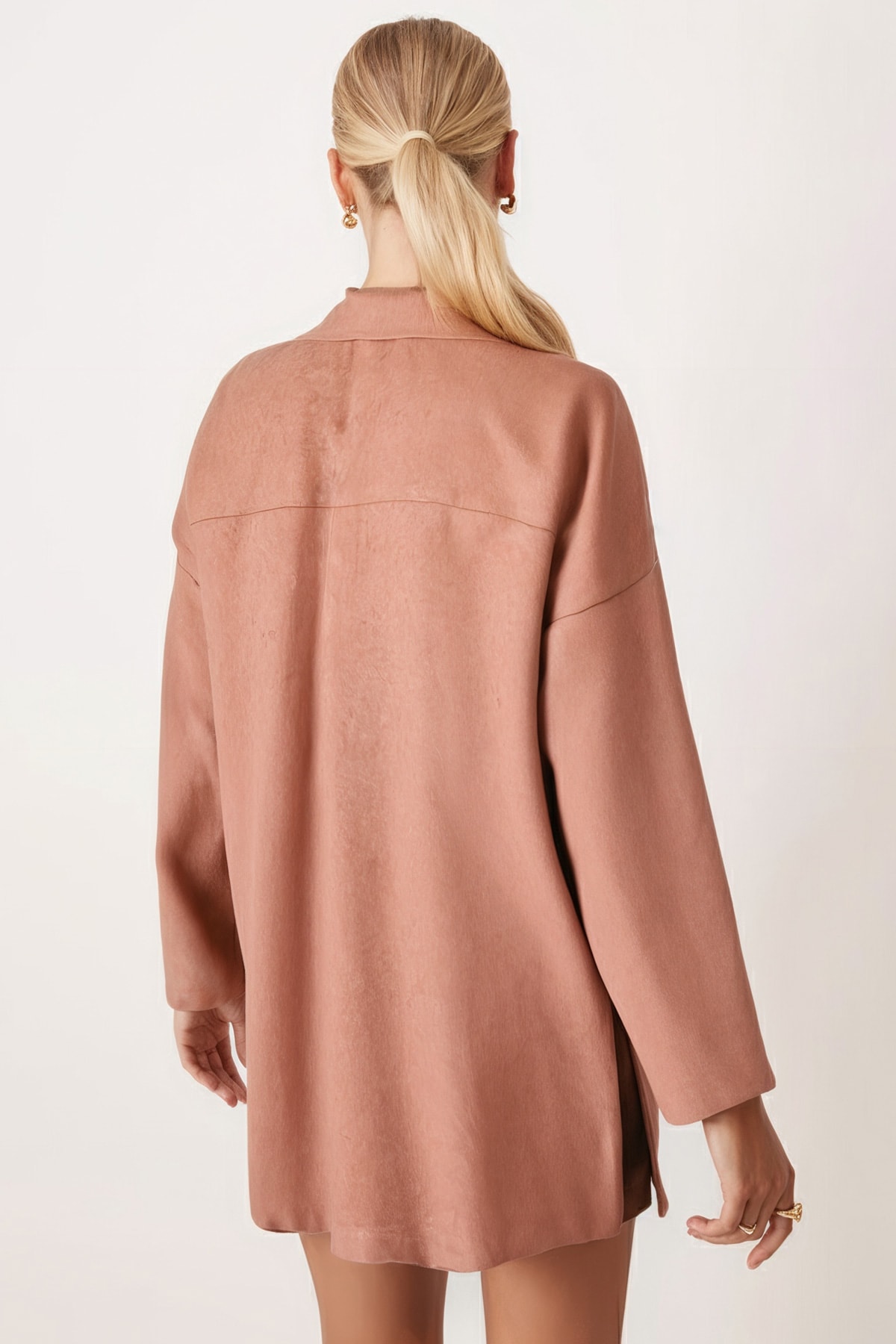 Kadın Camel Erkek Yaka Yanları Yırtmaçlı Oversize Ceket ARM-26K001009