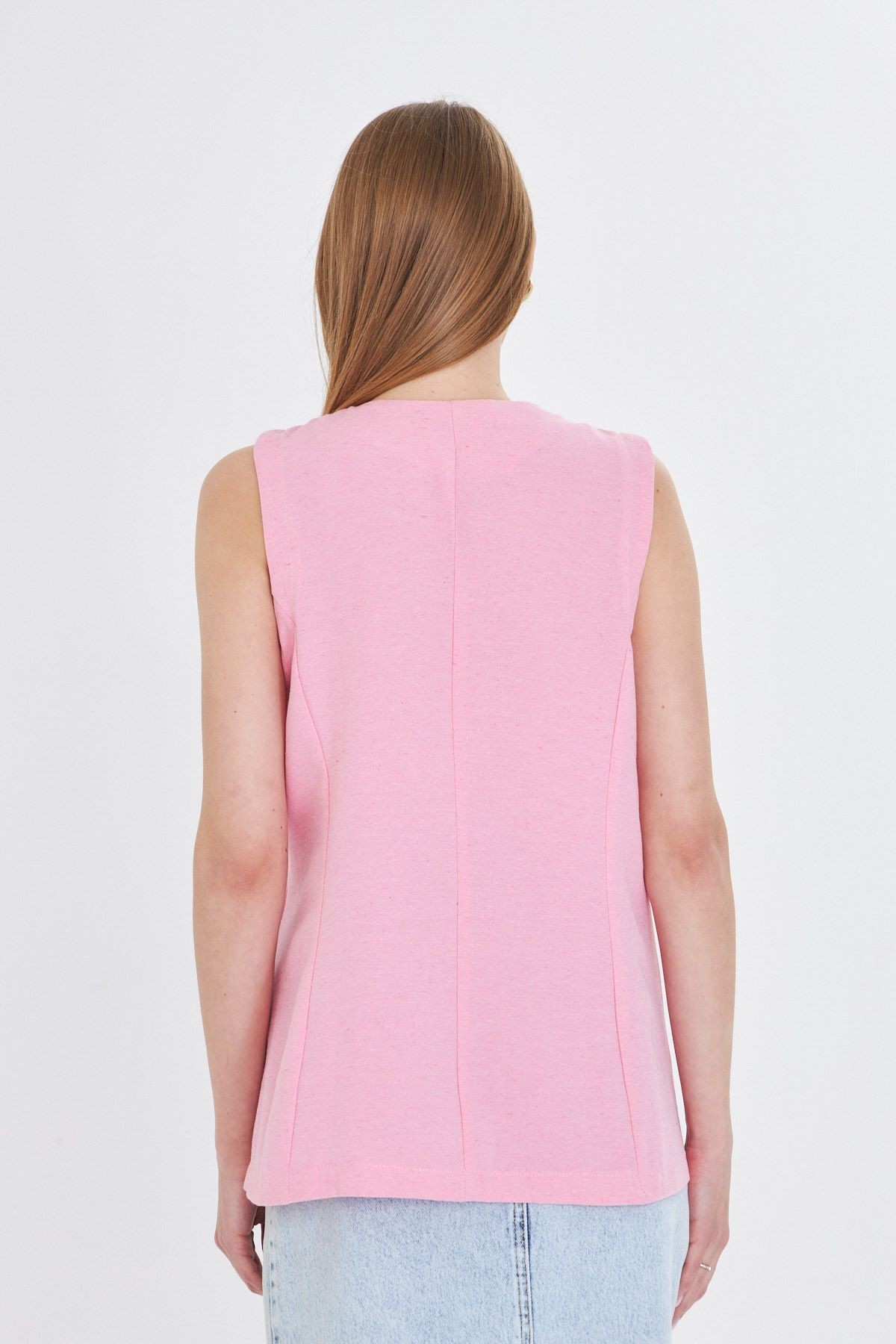 Kadın Pembe V Yaka Tek Düğme Oversize Yelek ARM-25Y001036