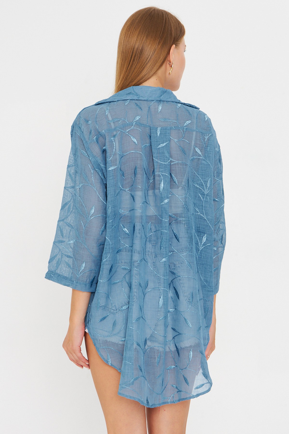 Kadın Açık Mavi Önden Bağlamalı Kimono Gömlek ARM-25Y001108