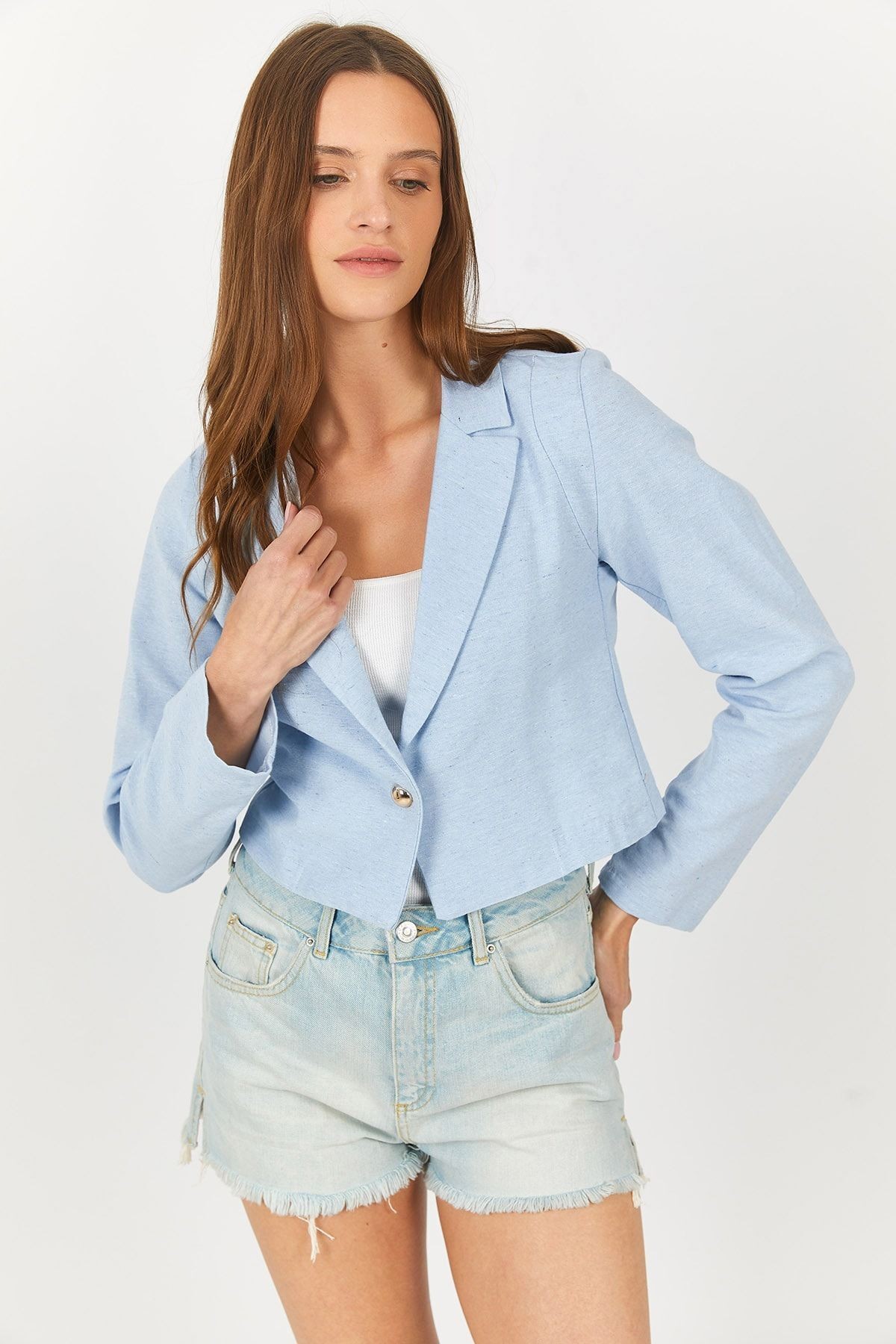 Kadın Bebe Mavi Tek Düğmeli Crop Ceket Arm-23y001064
