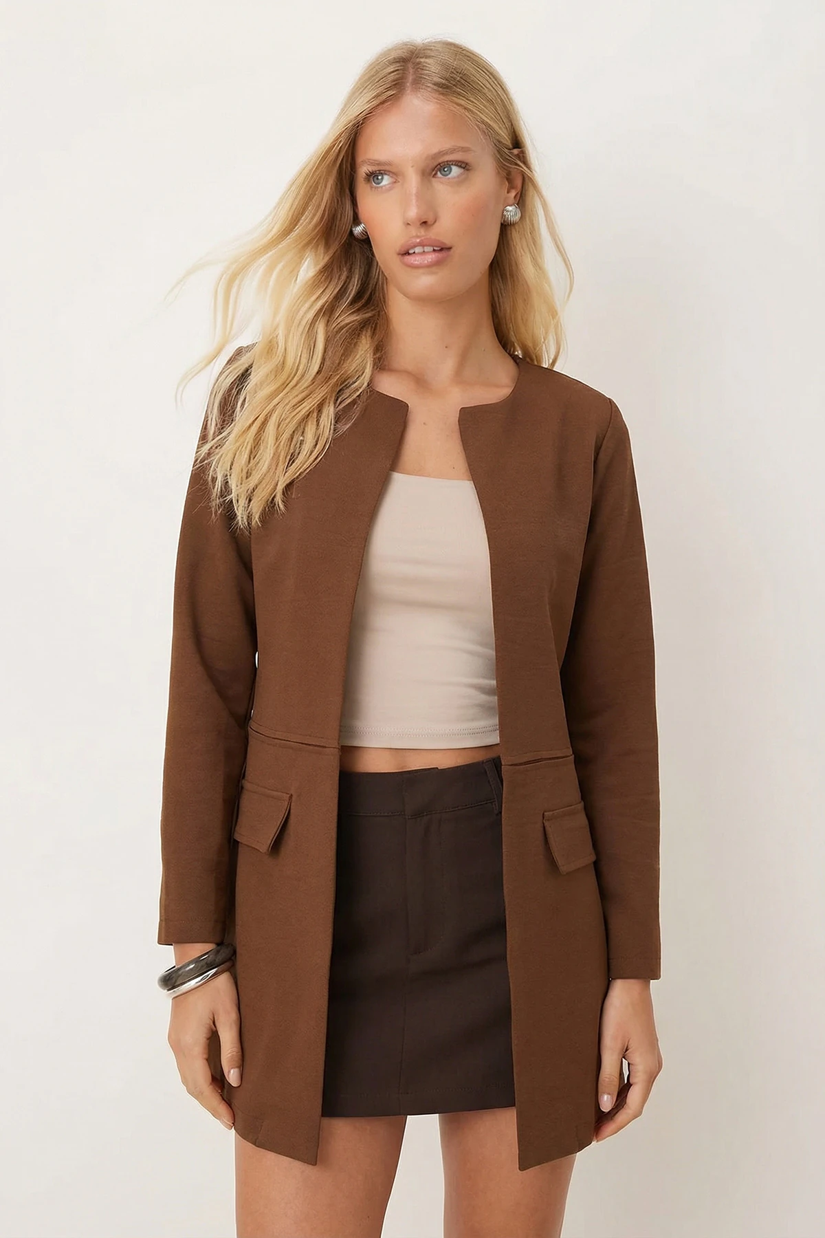 Kadın Koyu Haki Beli Dikişli Uzun Ceket ARM-26K001017