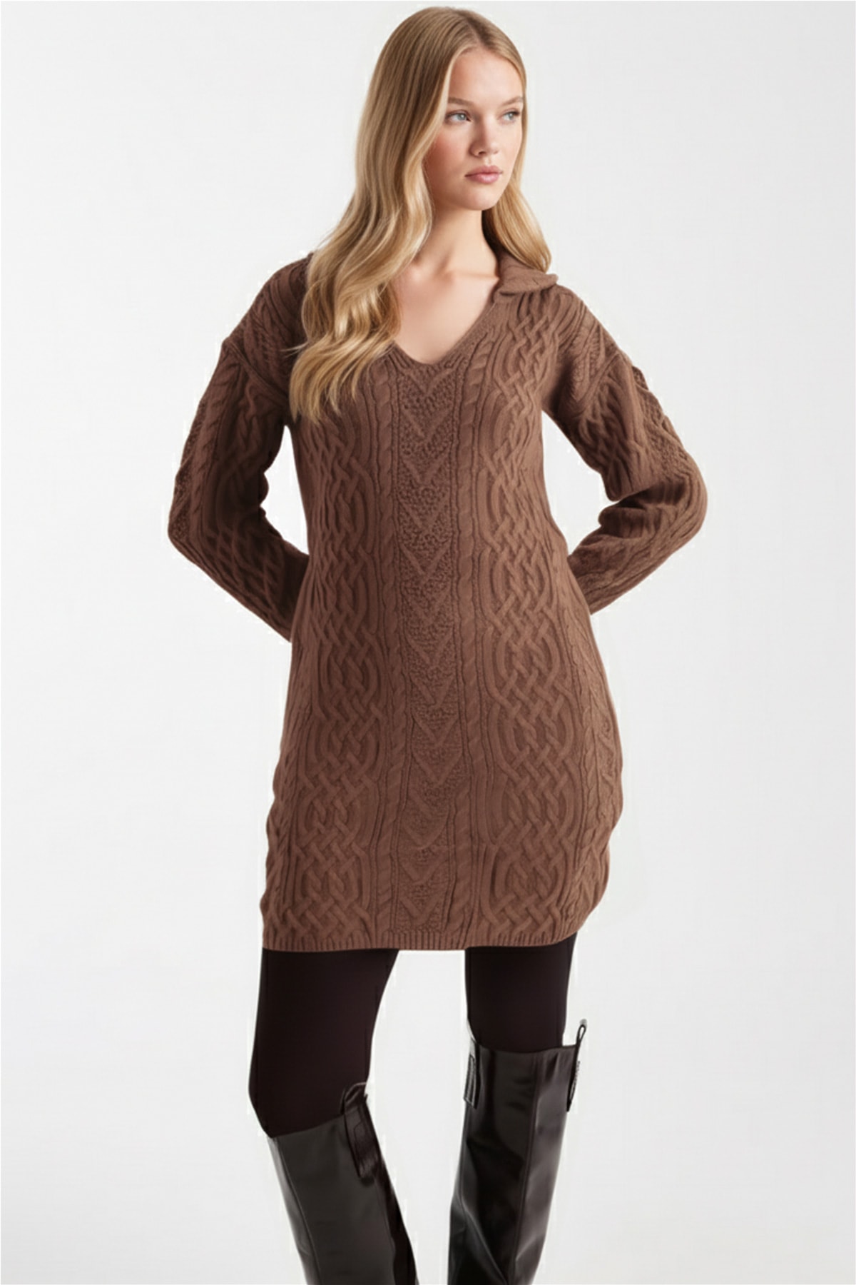 Kadın Kahve V Yaka Triko Kazak ARM-26K136037