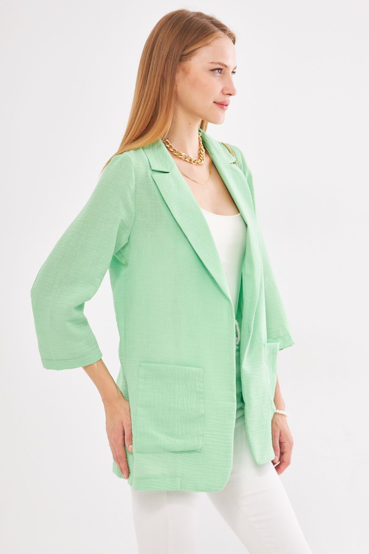 Kadın Neon Yeşil Keten Görünümlü Cepli Oversize Ceket ARM-24Y001065