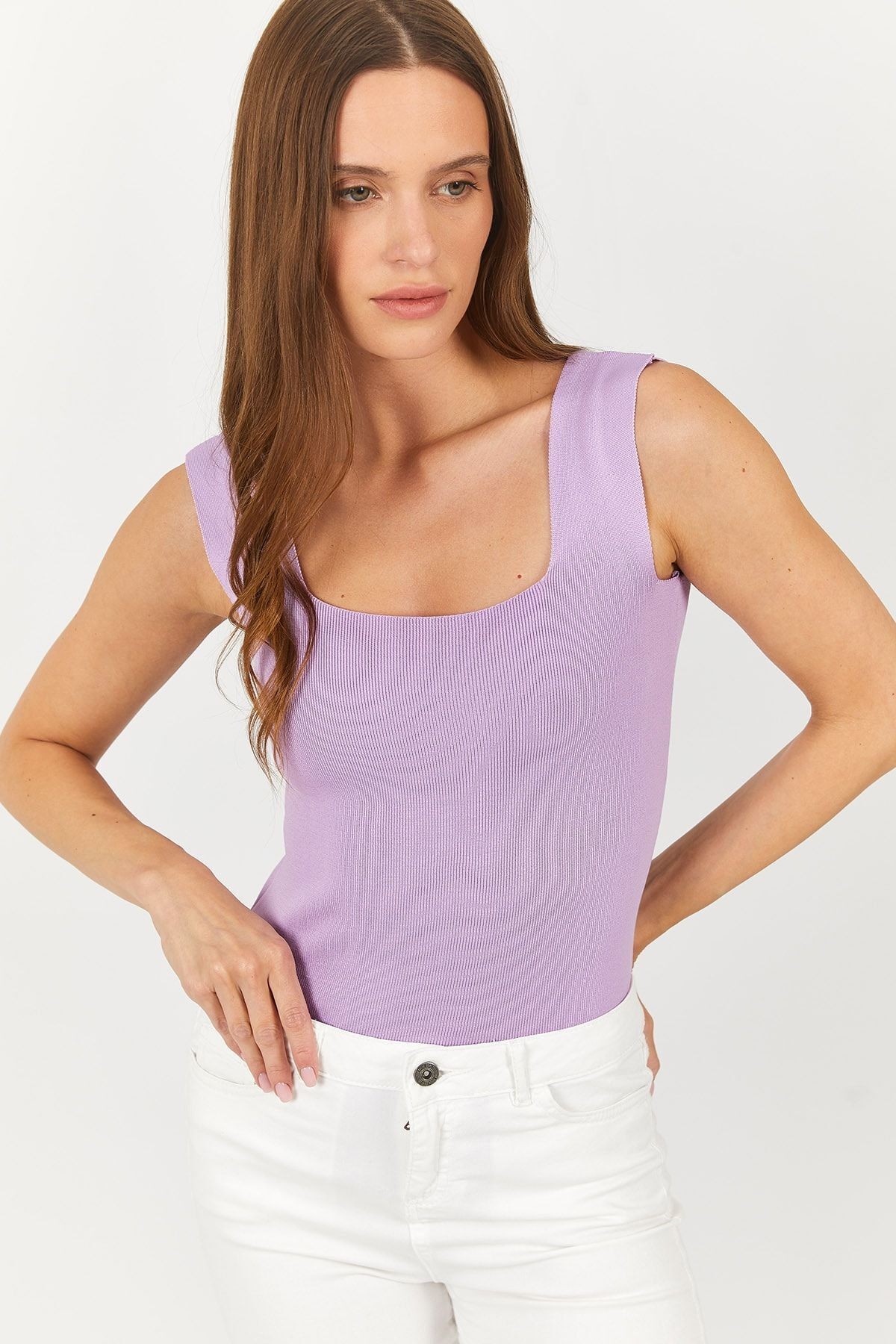 Kadın Lila Kalın Askılı Kaşkorse Bluz Arm-23y069001