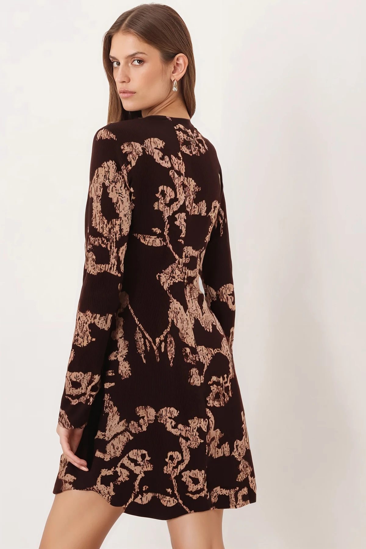 Kadın Kahve-Bej Sıfır Yaka Uzun Kollu Elbise ARM-26K001029