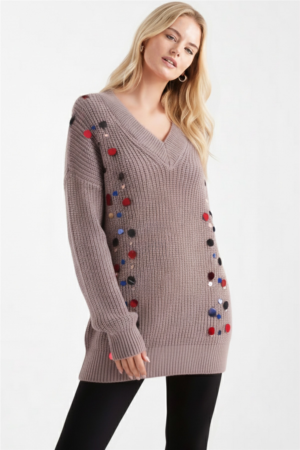 Kadın Taş V Yaka Pullu Triko Kazak ARM-26K136039