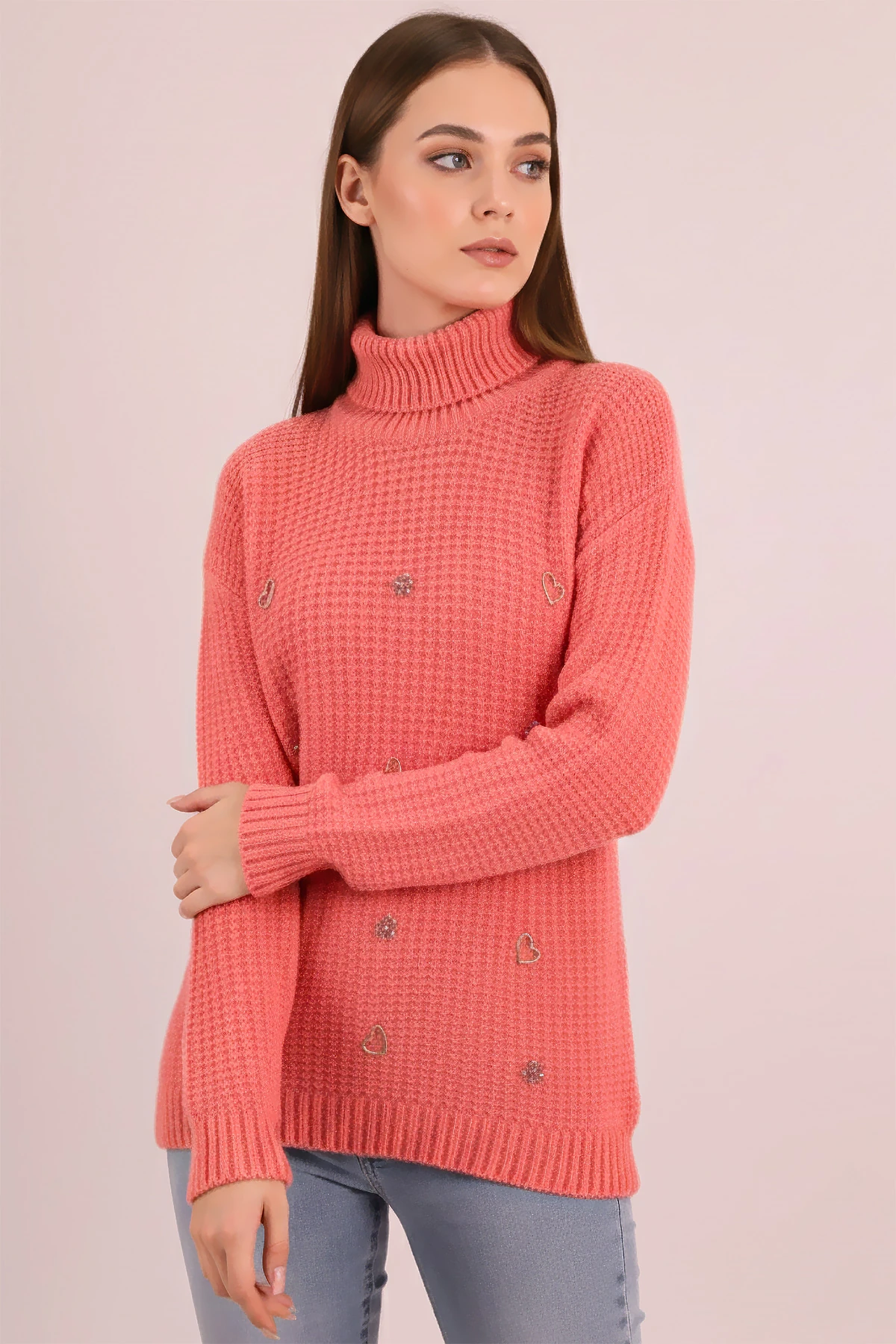 Kadın Mercan Balıkçı Yaka Aksesuarlı Triko Kazak ARM-26K136075