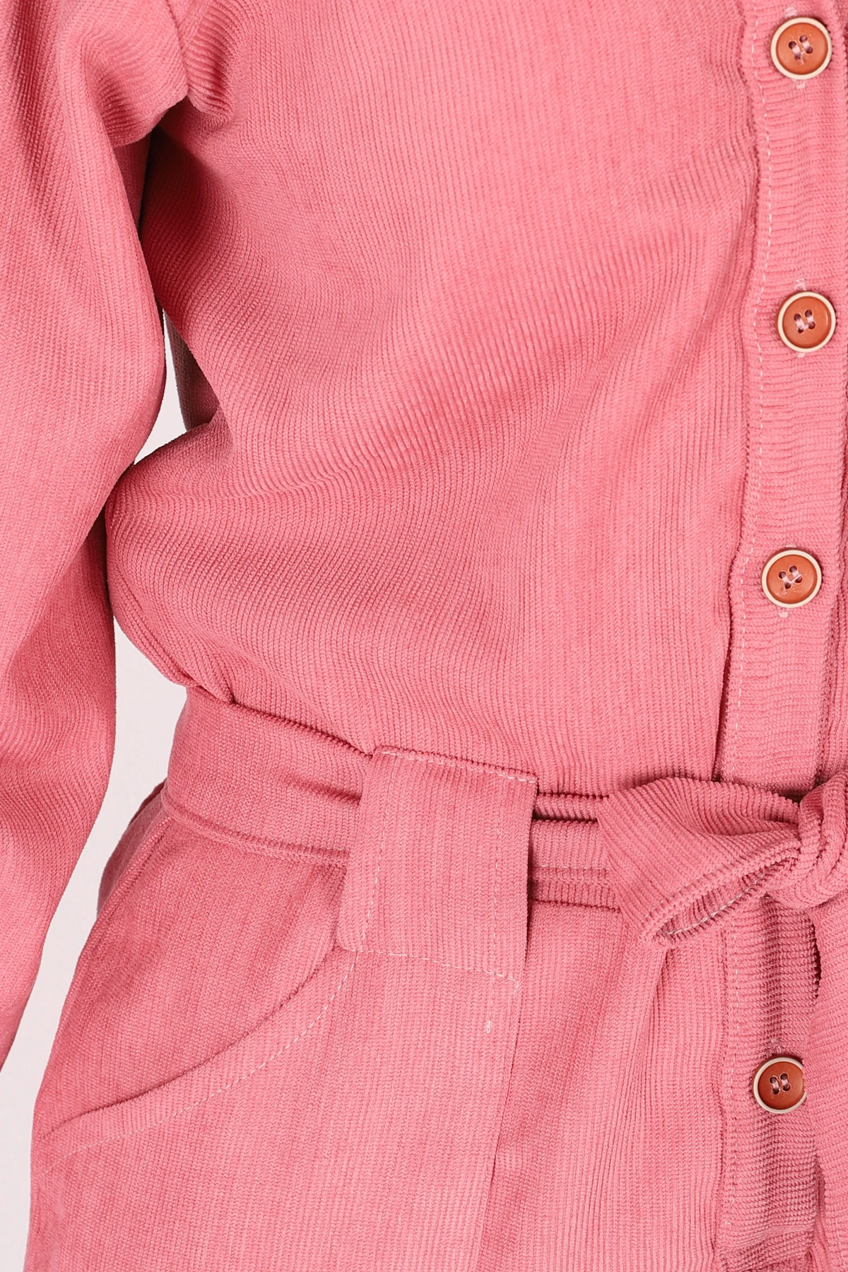 Kadın Açık Gül Kurusu Önden Düğmeli Cepli Kuşaklı Kadife Tulum ARM-25K001084