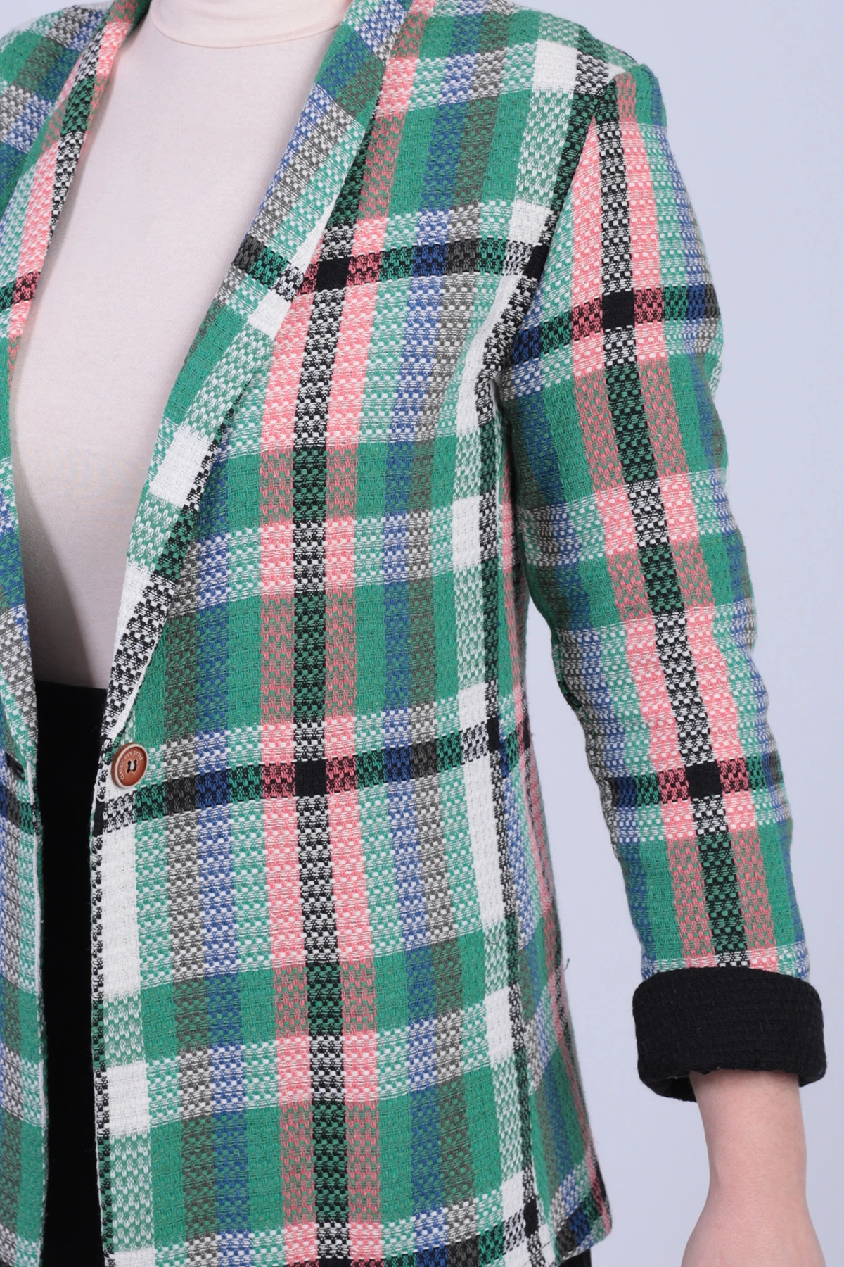 Kadın Yeşil Şal Yaka Kolları Garnili Tek Düğme Ceket ARM-26K001087