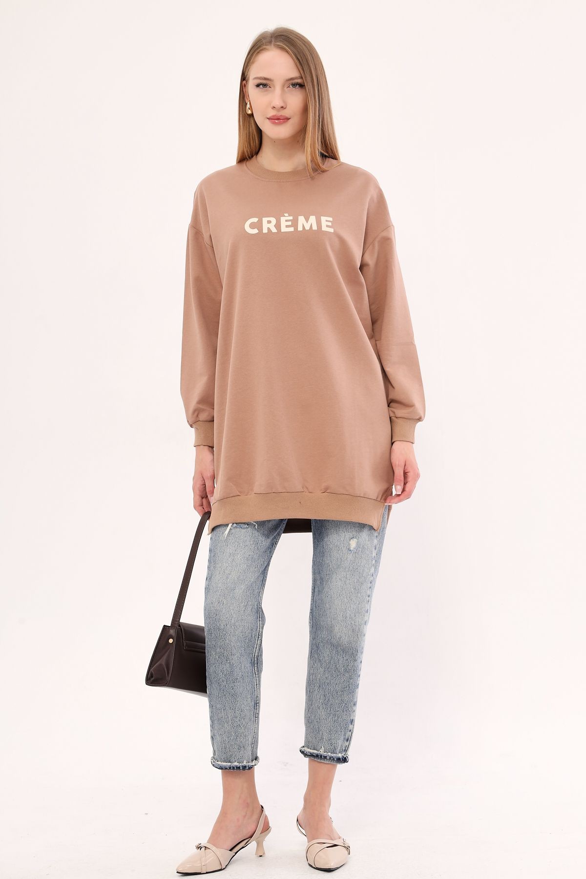 Kadın Vizon Bisiklet Yaka Önü Yazılı Tunik Sweatshirt ARM-25K001029
