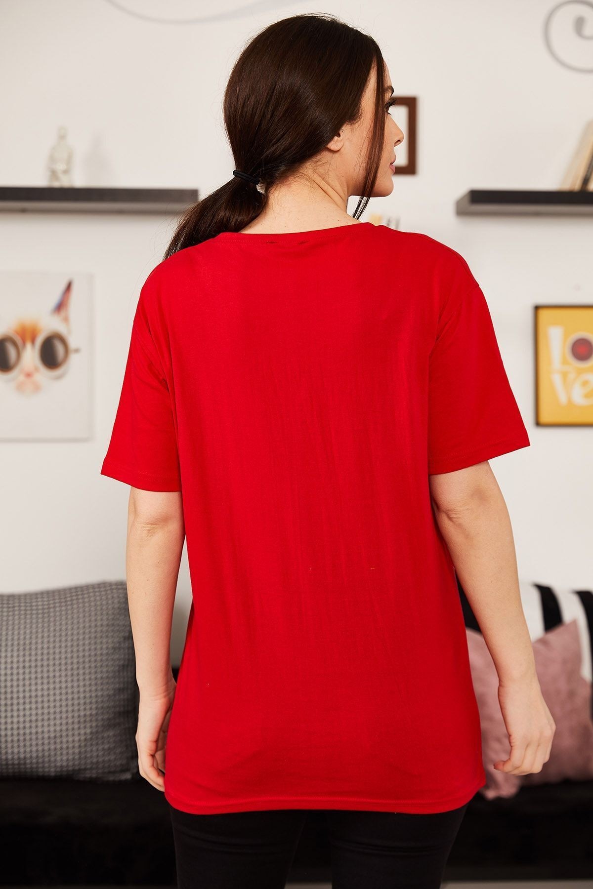 Kadın Kırmızı Satürn Baskılı T-Shirt ARM-20Y012007