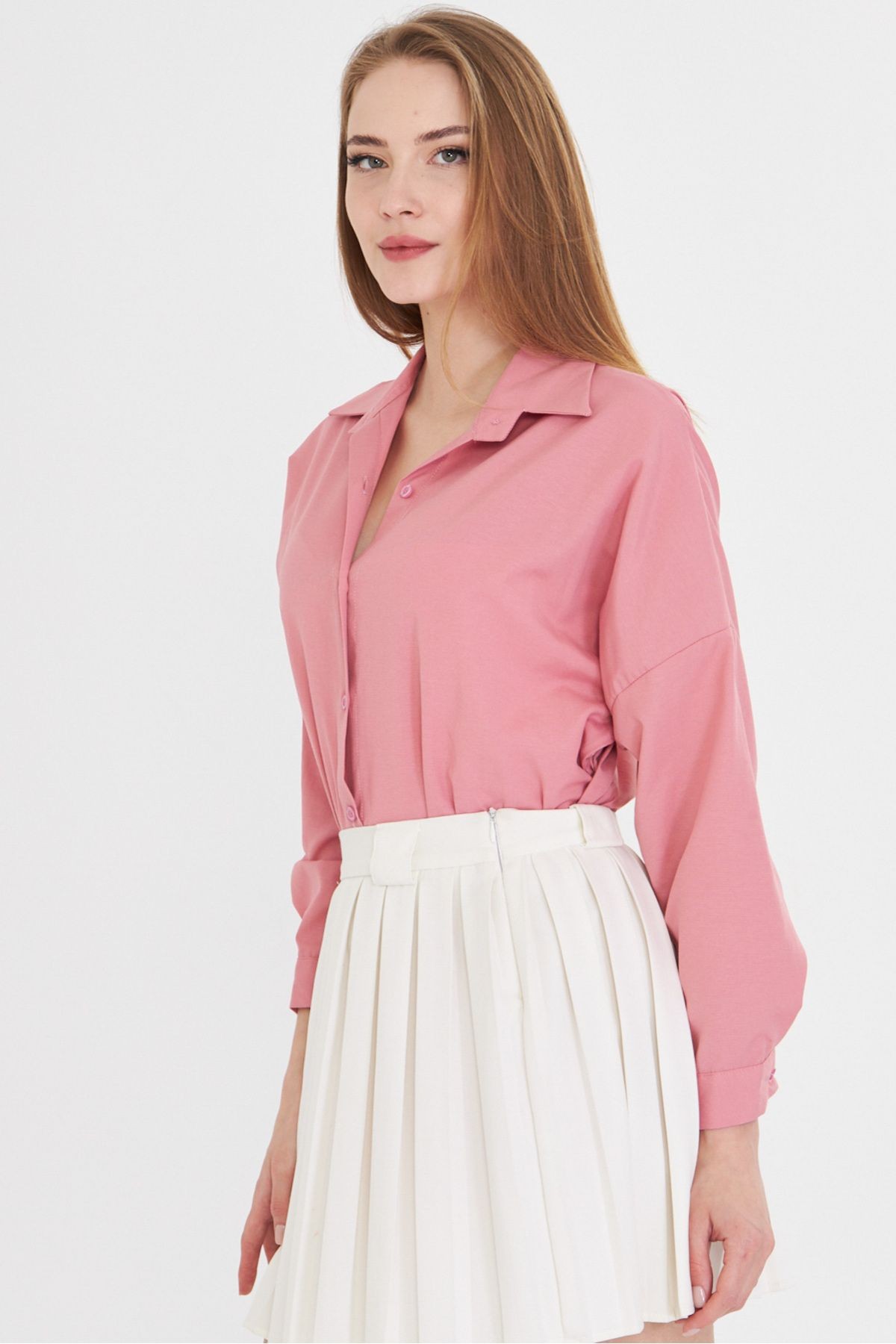 Kadın Açık Pembe Oversize Uzun Basic Gömlek ARM-22Y001118