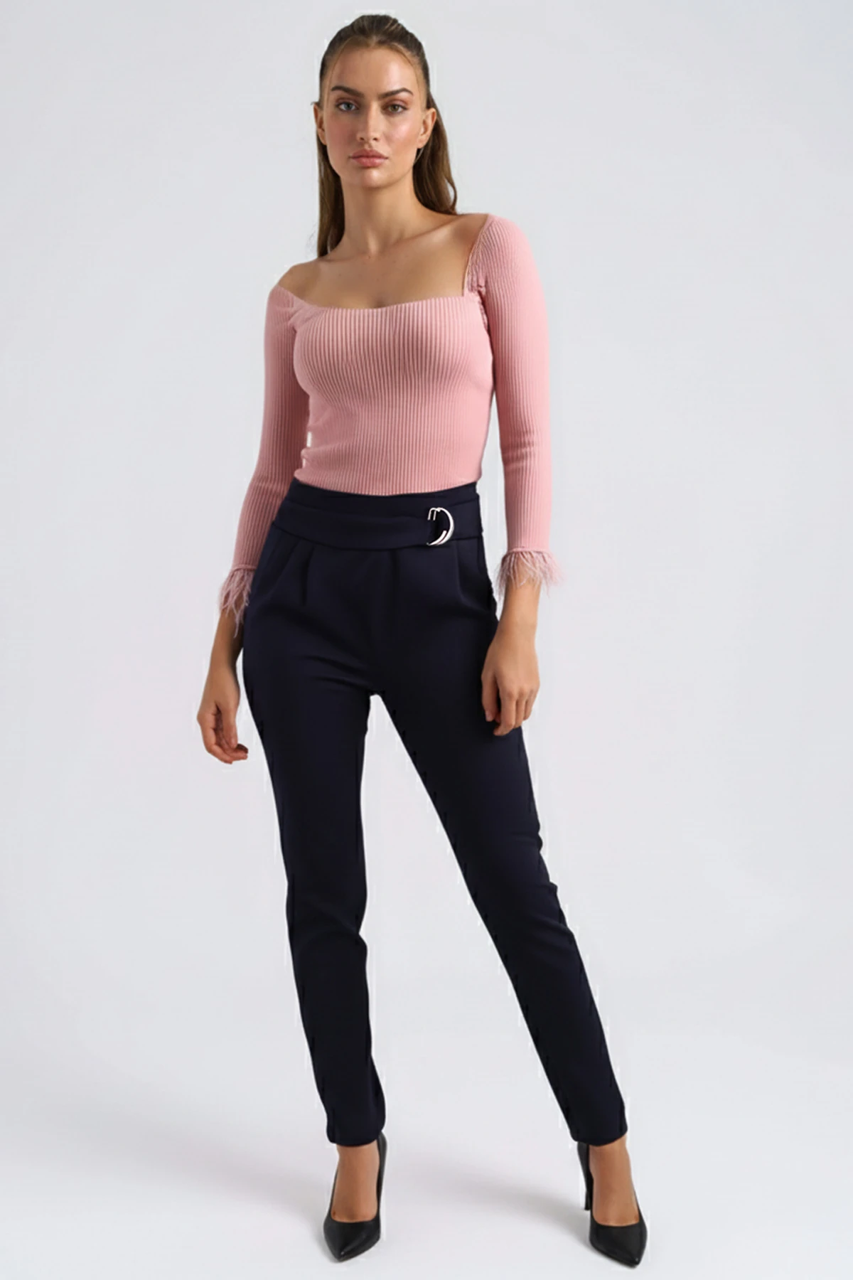 Kadın Lacivert Beli Kemer Detaylı Kumaş Pantolon ARM-26K136051