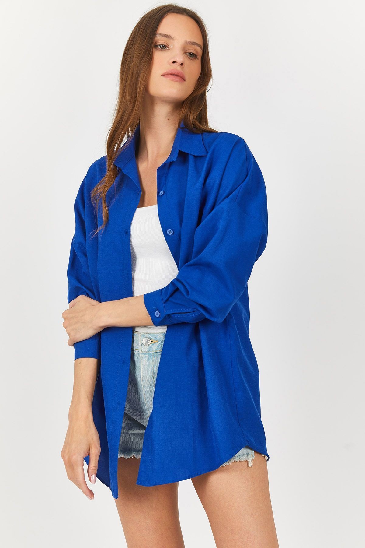 Kadın Saks Oversize Uzun Basic Gömlek Arm-22y001118