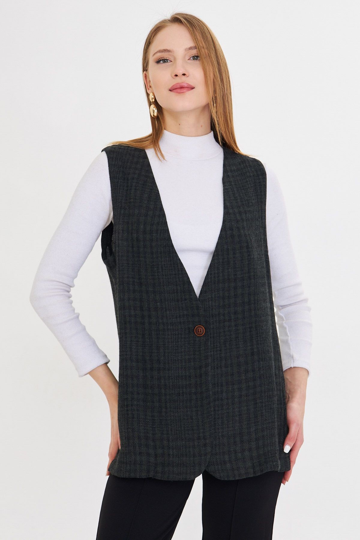 Kadın Haki V Yaka Tek Düğmeli Oversize Desenli Yelek ARM-25K001110