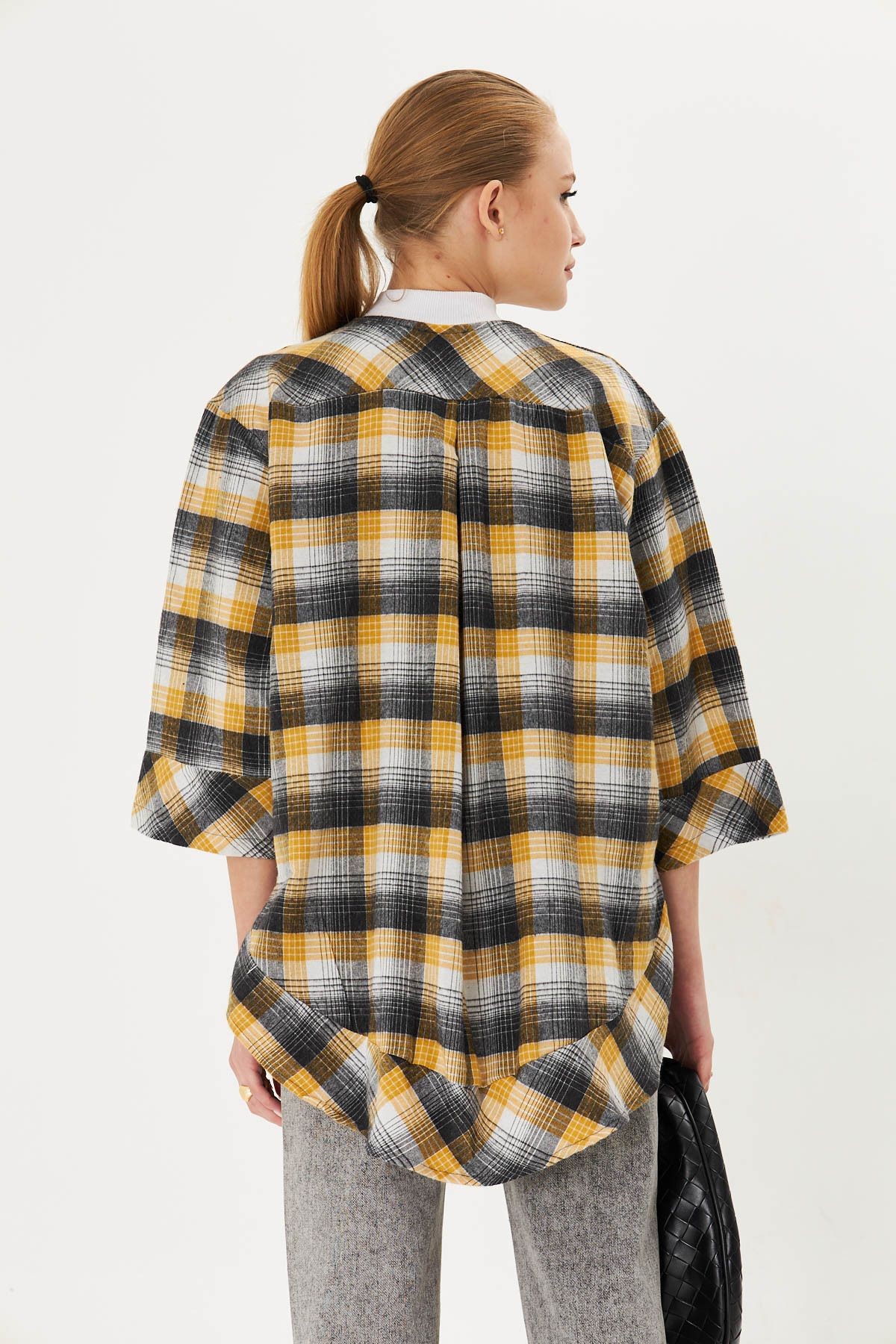 Kadın Sarı Önden Bağlamalı Ekose Kimono Gömlek ARM-25K001017