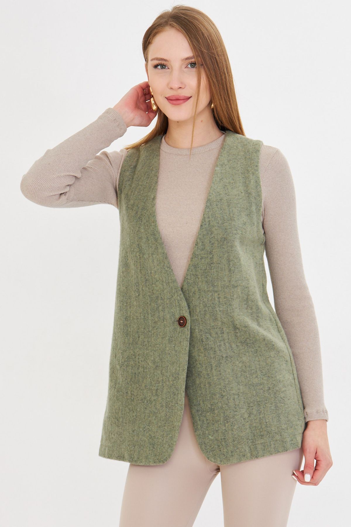 Kadın Yeşil V Yaka Tek Düğmeli Oversize Desenli Yelek ARM-25K001110