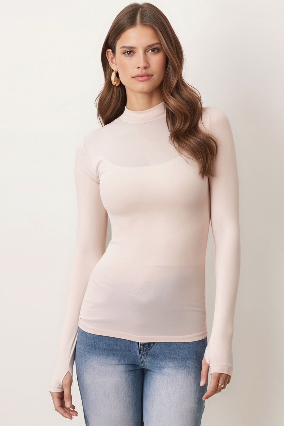 Kadın Bej Yarım Balıkçı Parmak Geçmeli Body ARM-26K135002