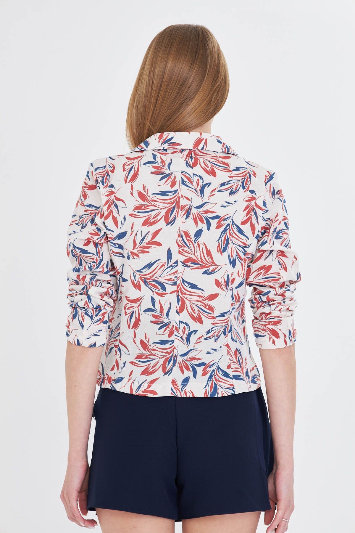 Kadın Kiremit Kruvaze Yaka Desenli Crop Ceket ARM-24Y001058
