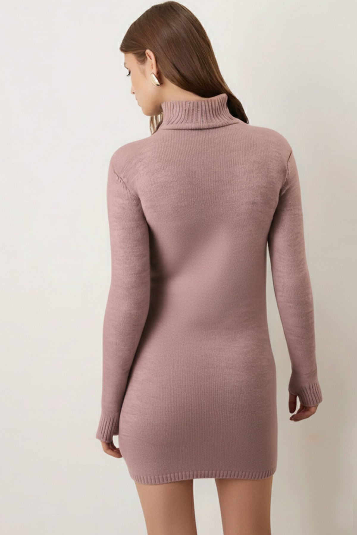 Kadın Bej Yarım Balıkçı Yakası Taşlı Triko Elbise ARM-26K136046