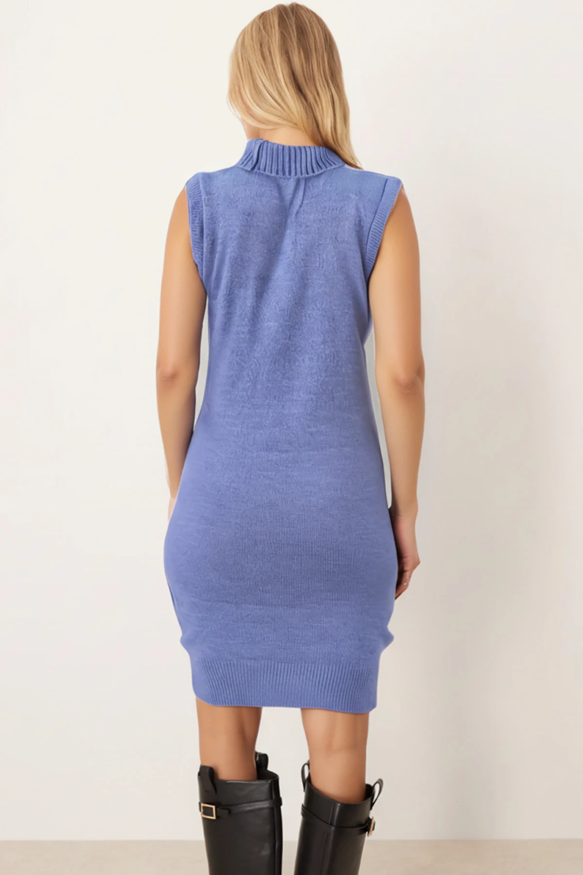 Kadın Mavi Önü Boncuklu Kolsuz Triko Elbise ARM-26K136034