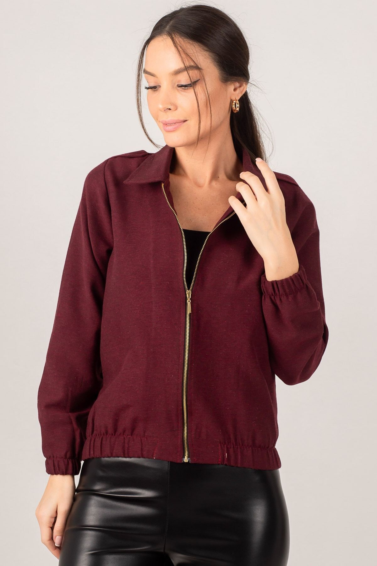 Kadın Bordo Önü Fermuarlı Gabardin Mont ARM-22K001068