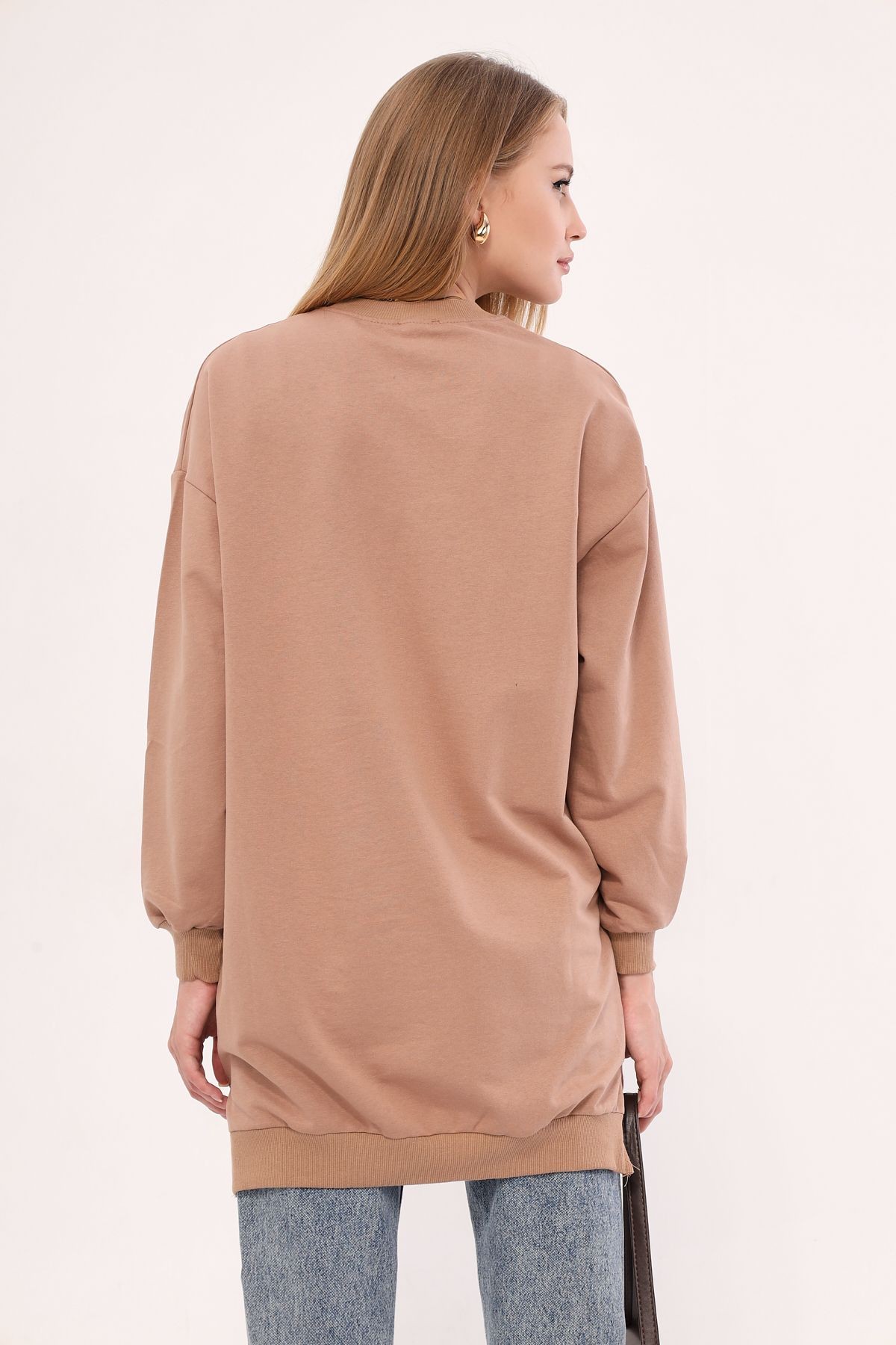 Kadın Vizon Bisiklet Yaka Önü Yazılı Tunik Sweatshirt ARM-25K001029