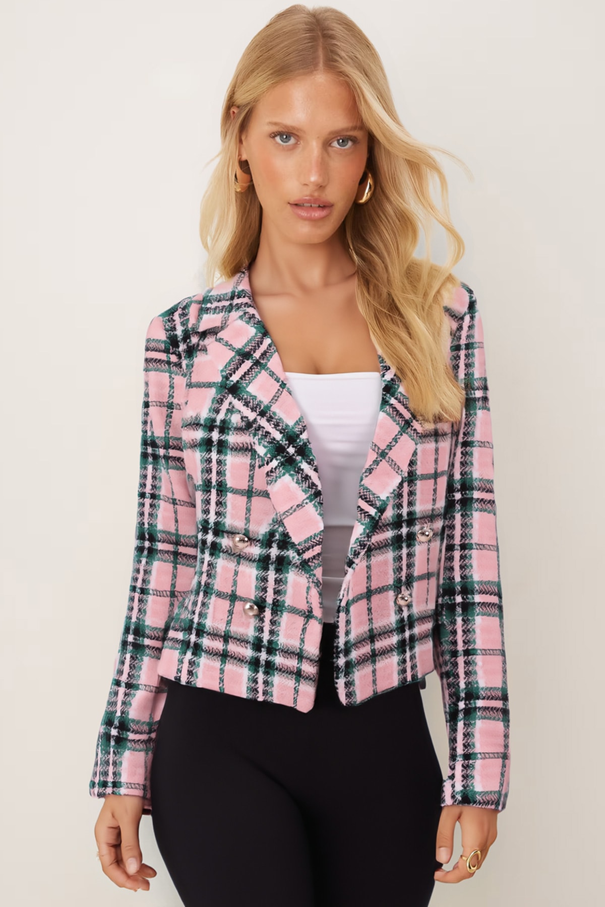 Kadın Pembe-Yeşil Kruvaze Yaka Tüvit Crop Ceket ARM-24K001014