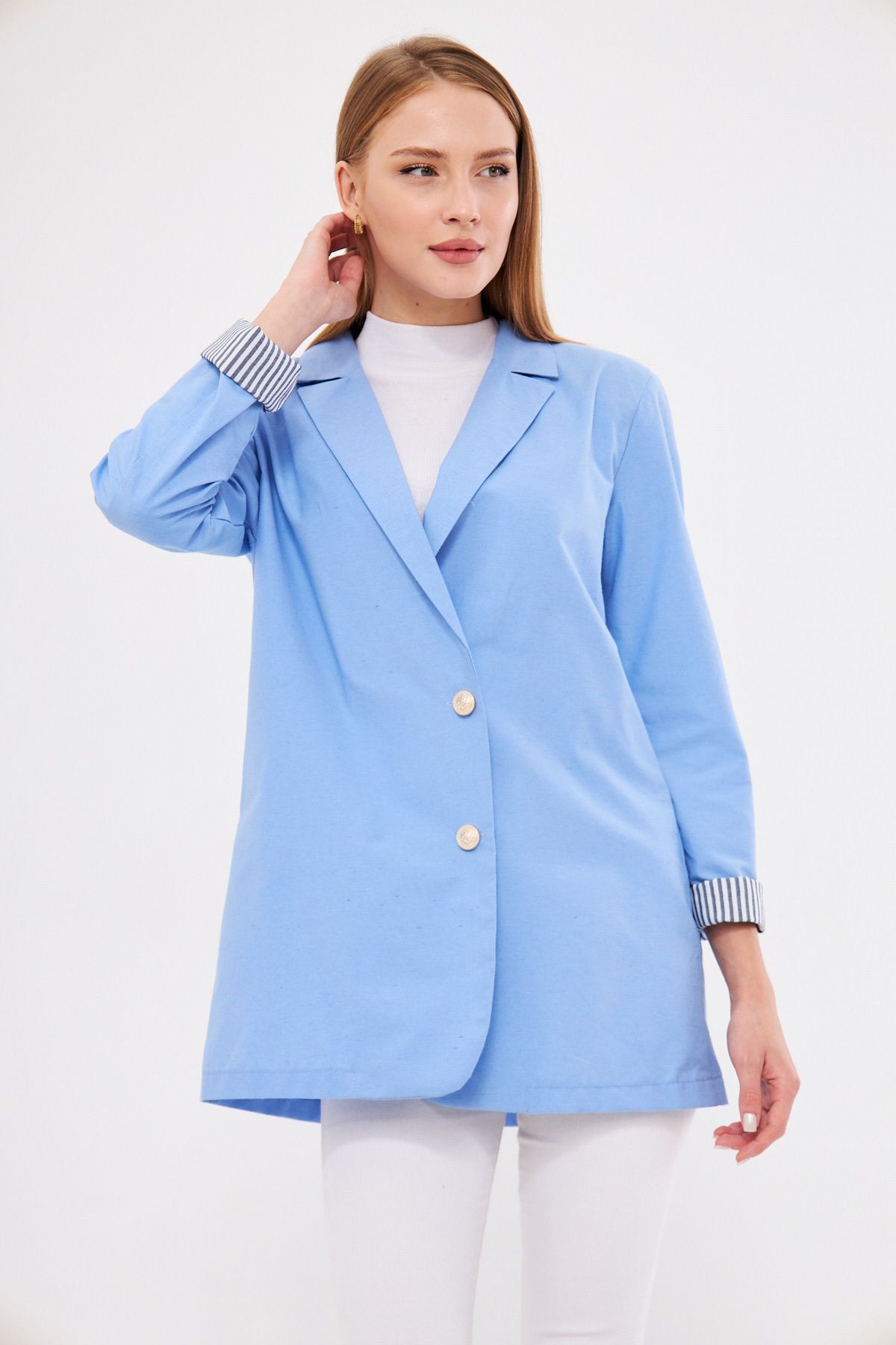 Kadın Bebe Mavi Kruvaze Yaka Kolu Katlama Detaylı Oversize Vatkalı Blazer Ceket ARM-25K001015