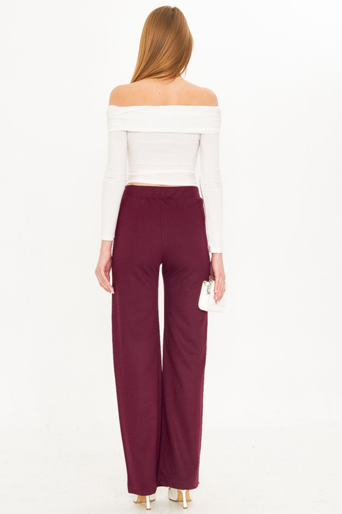 Kadın Mürdüm Beli Lastikli Astarlı Kaşe Pantolon ARM-25K001092